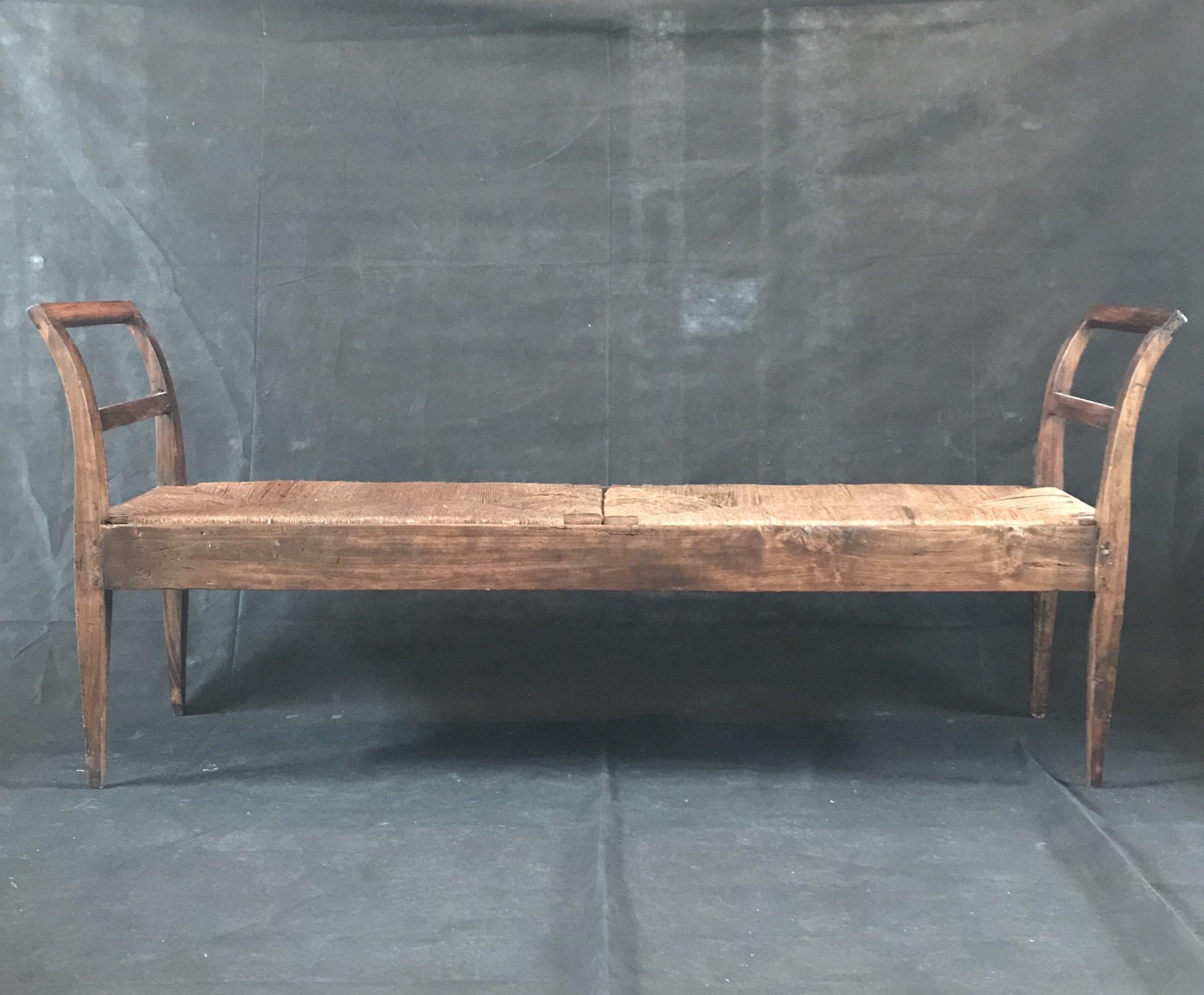 Upholstery Incredible Antique Very Long Italian Walnut and Rattan Bench