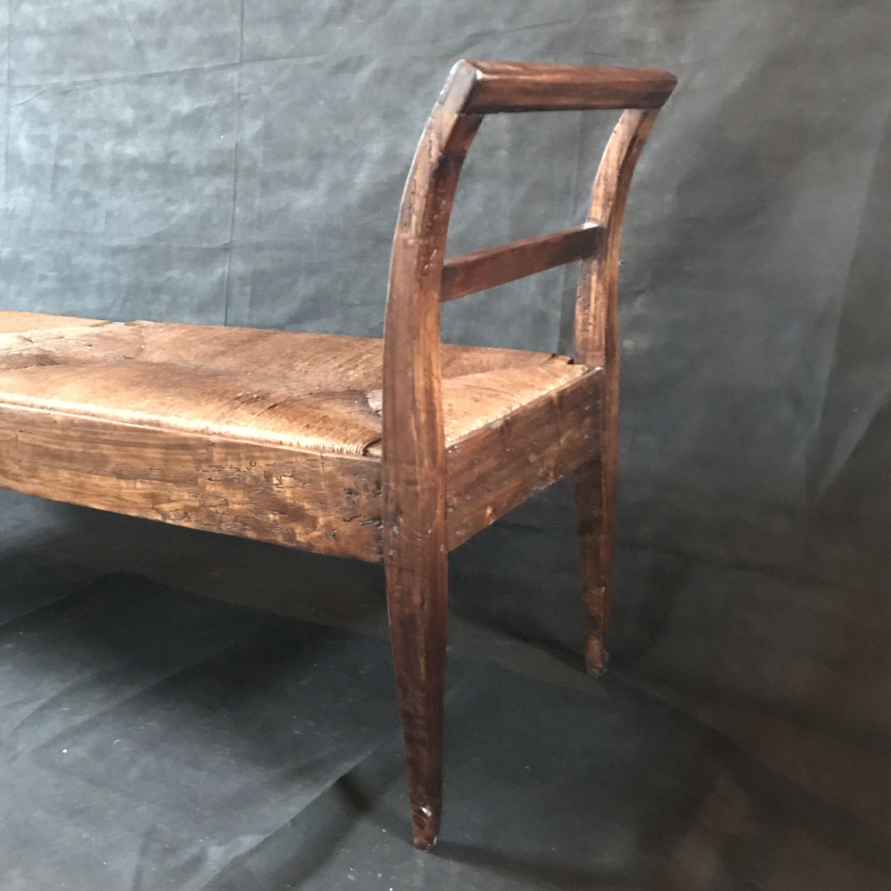 Incredible Antique Very Long Italian Walnut and Rattan Bench 2