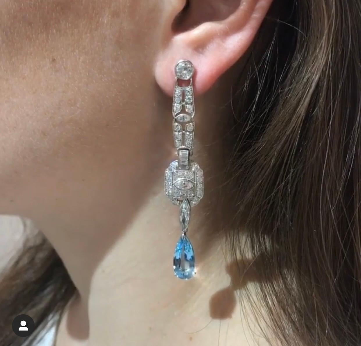Incredible Art Deco Style Diamond & Aquamarine Platinum Chandelier Earrings For Sale 1