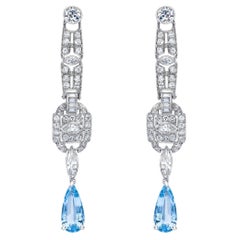 Incredible Art Deco Style Diamond & Aquamarine Platinum Chandelier Earrings