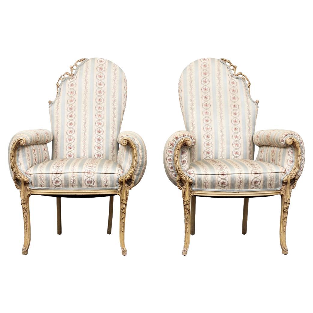 Incredible Asymmetric Pair of Hollywood Regency Arm Chairs For Sale