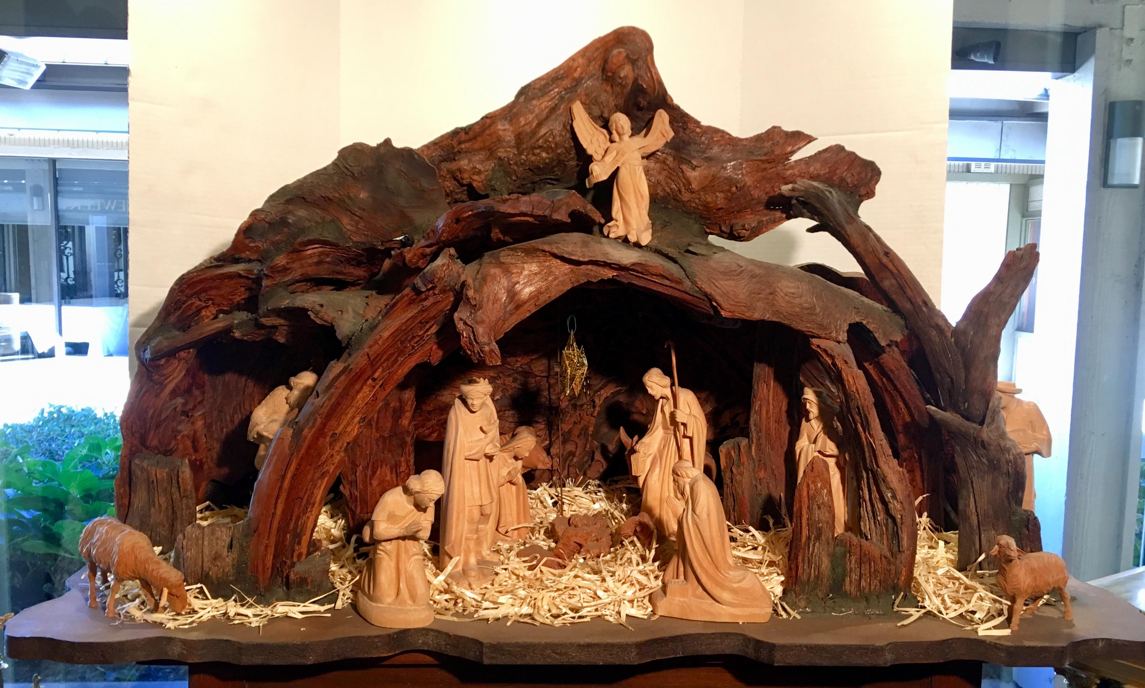 Magnificent, one of a kind masterpiece from Austria is a work of art to be handed down for generations! Incredible, large hand carved wood nativity scene, nativity set or creche with a stable, manger or grotto that is hand carved and handmade from