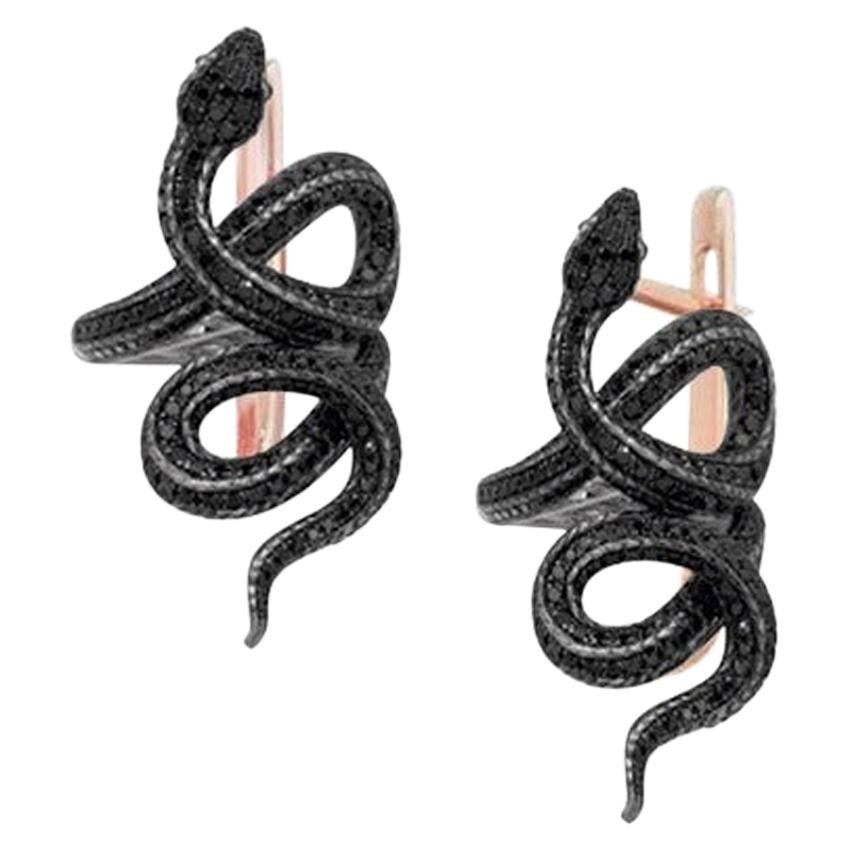 Incredible Black Diamond 18 Karat Rose Gold Statement Serpent Dangle Earrings For Sale
