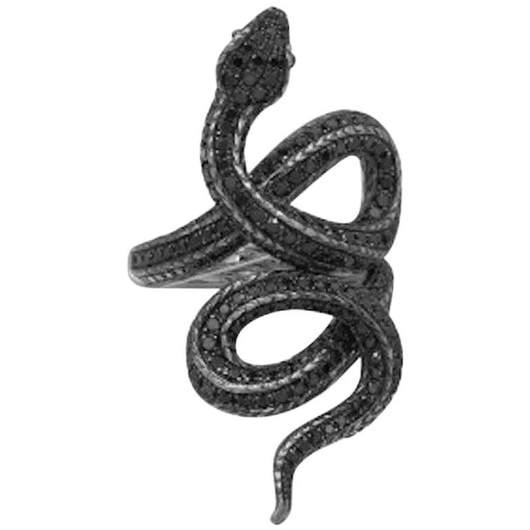 Incredible Black Diamond 18 Karat Rose Gold Statement Serpent Ring For Sale