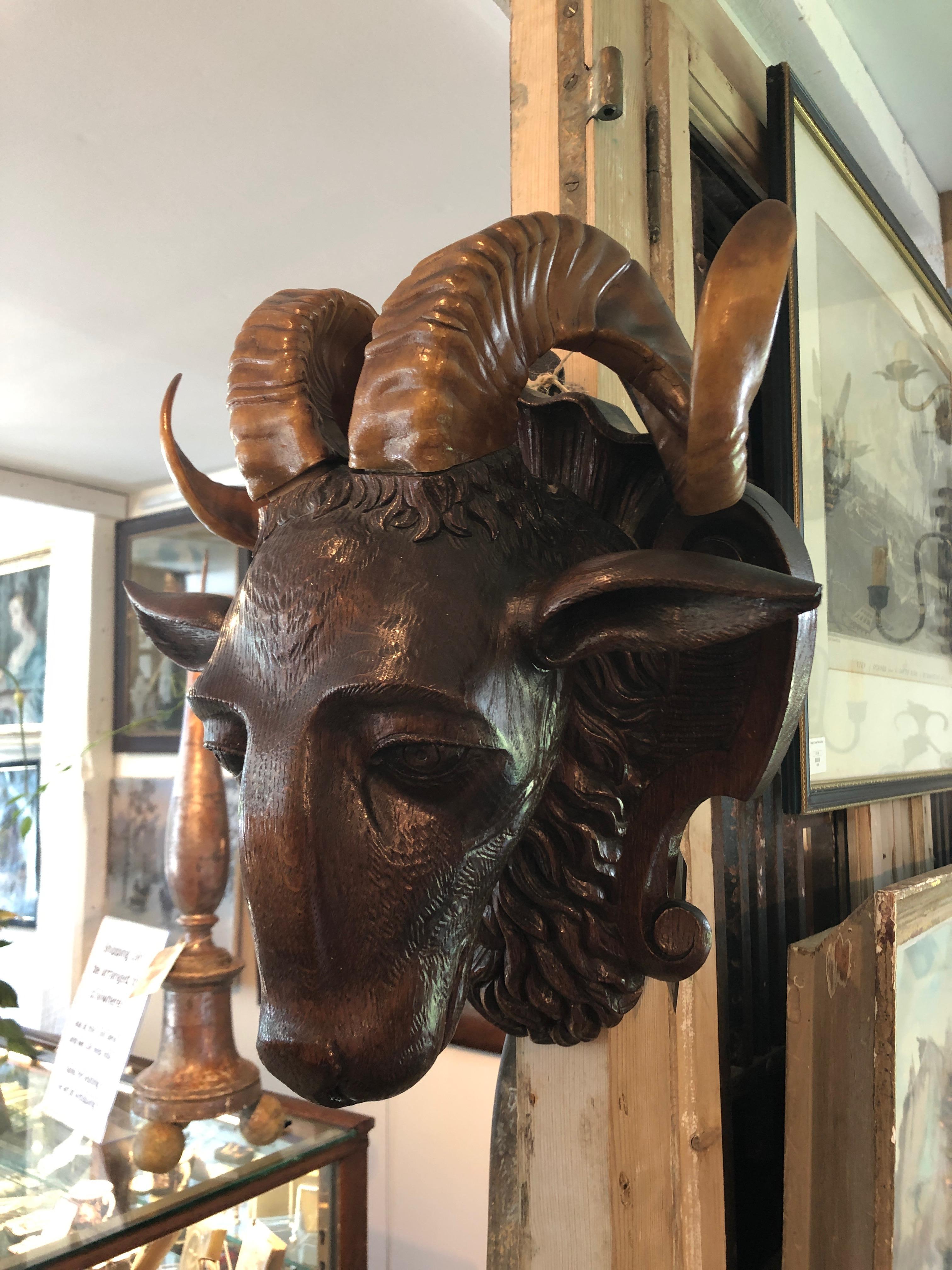 Incredible Black Forest Carved Wood Ram Wall Sculpture 4