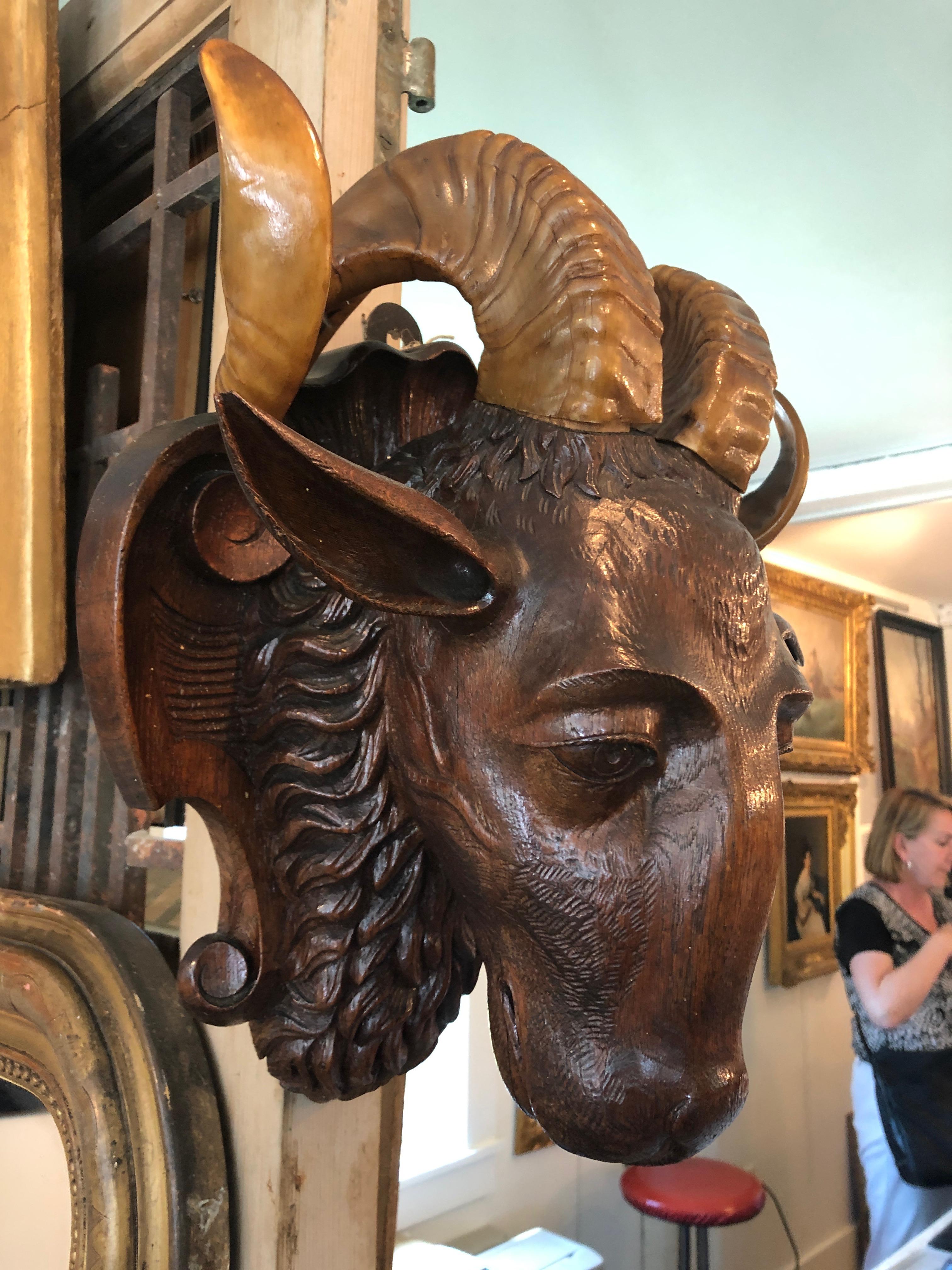 Incredible Black Forest Carved Wood Ram Wall Sculpture 8