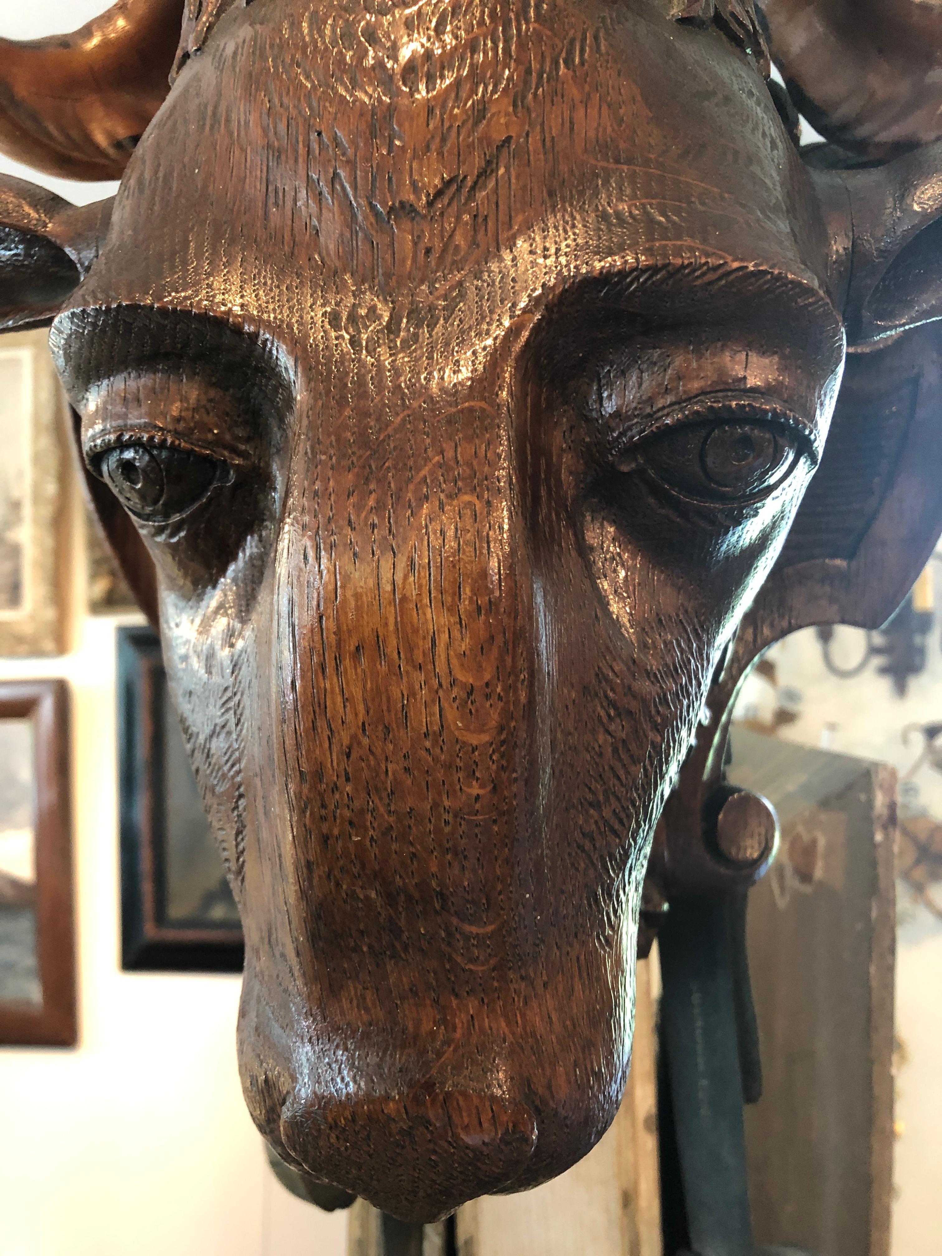 Incredible Black Forest Carved Wood Ram Wall Sculpture In Excellent Condition In Hopewell, NJ