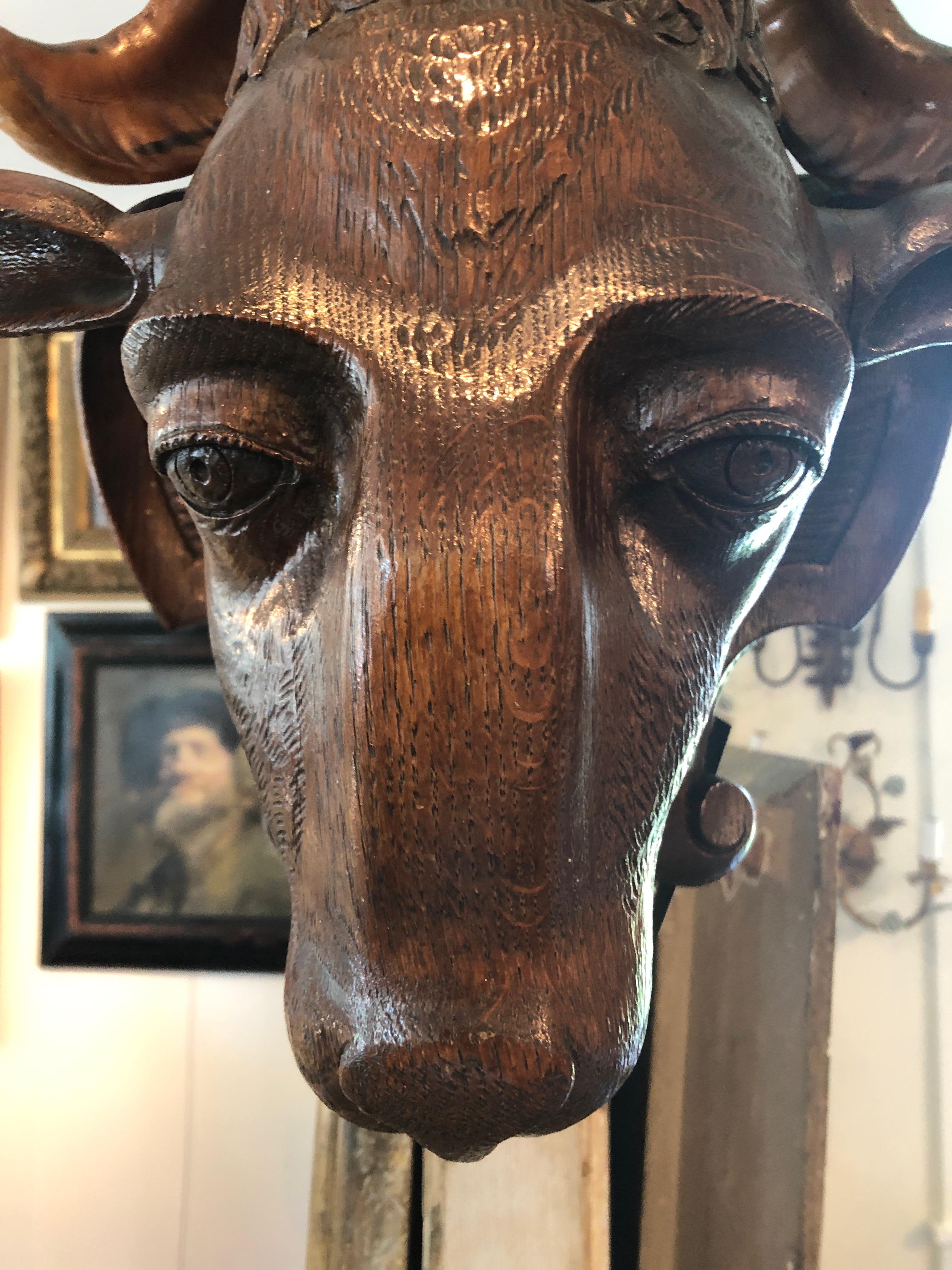 Incredible Black Forest Carved Wood Ram Wall Sculpture 1