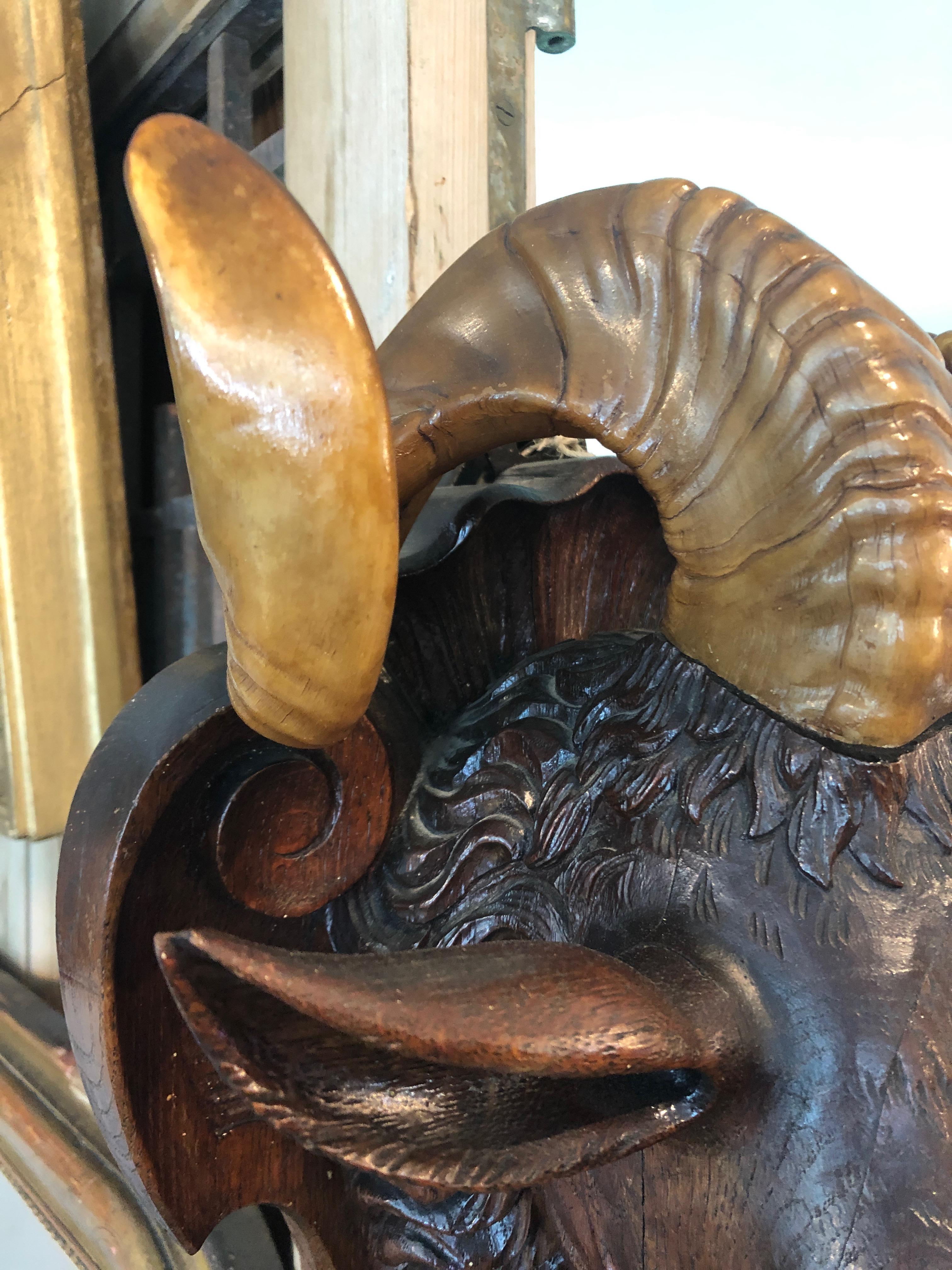 Incredible Black Forest Carved Wood Ram Wall Sculpture 2