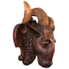 Incredible Black Forest Carved Wood Ram Wall Sculpture