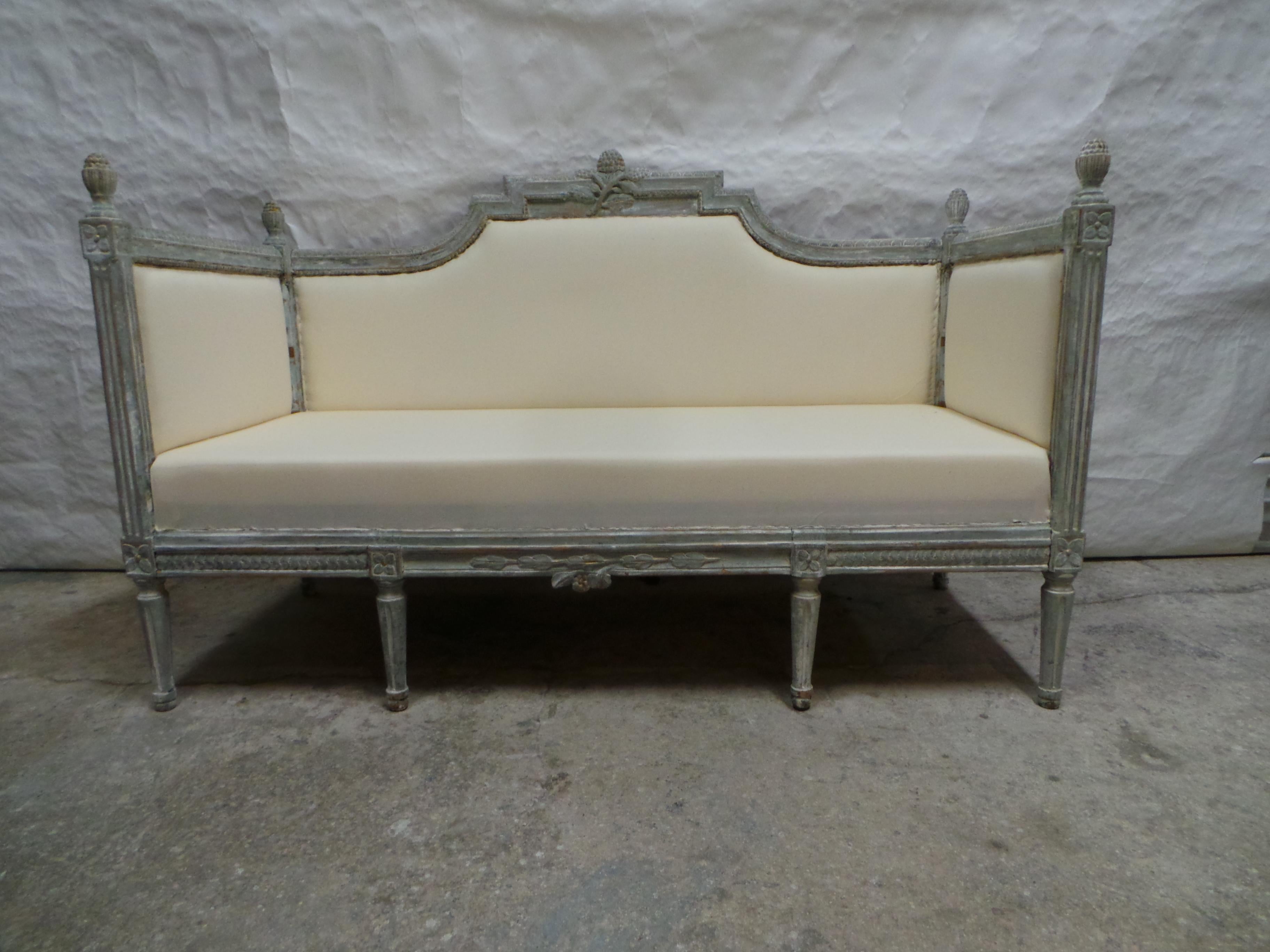 This is a Incredible Blue Original Painted Swedish Gustavian Sofa.
the seating has been restored and covered in Muslin.