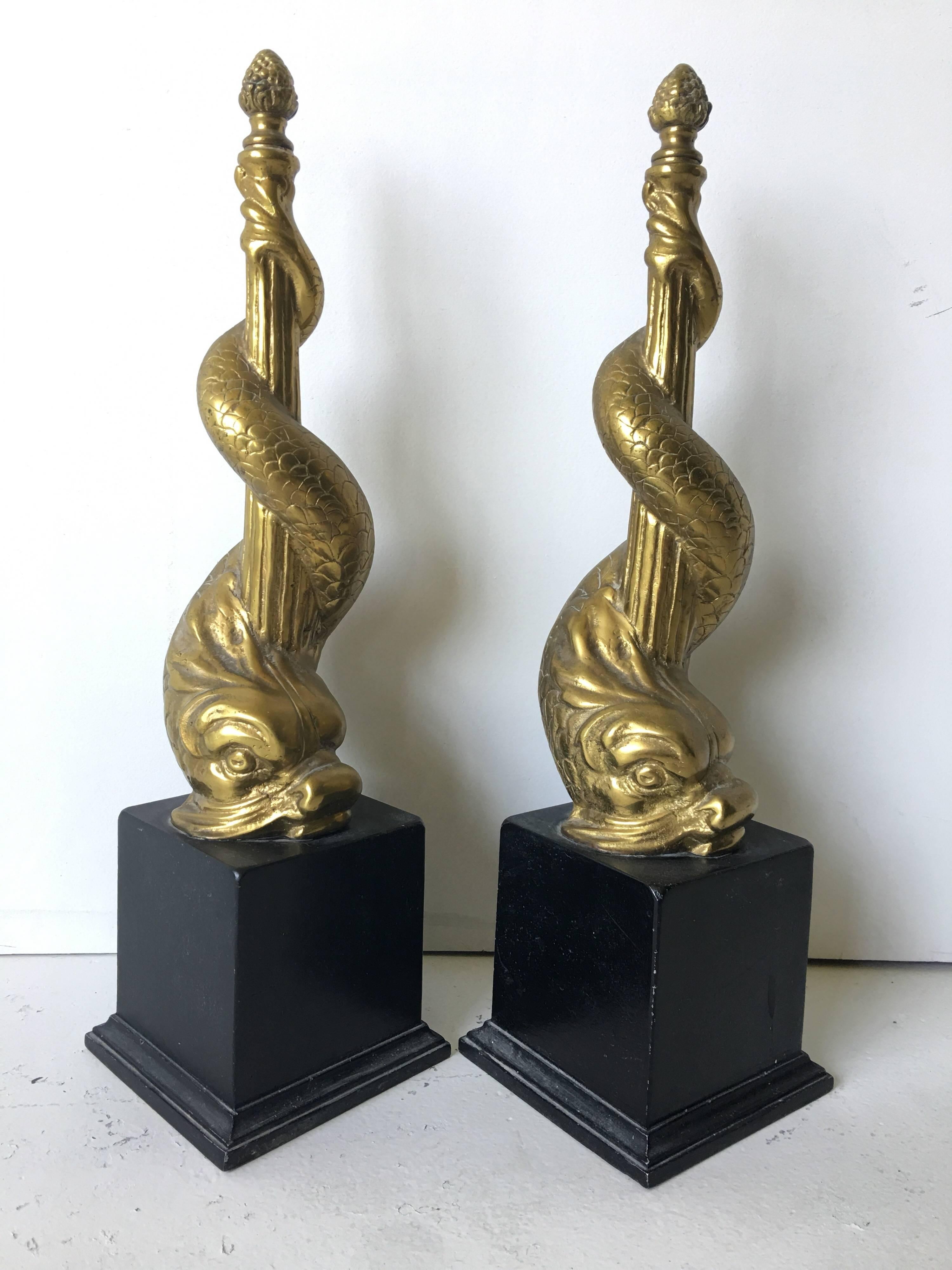 20th Century  Brass Fireplace Ornament Dolphin Chenet Andirons For Sale