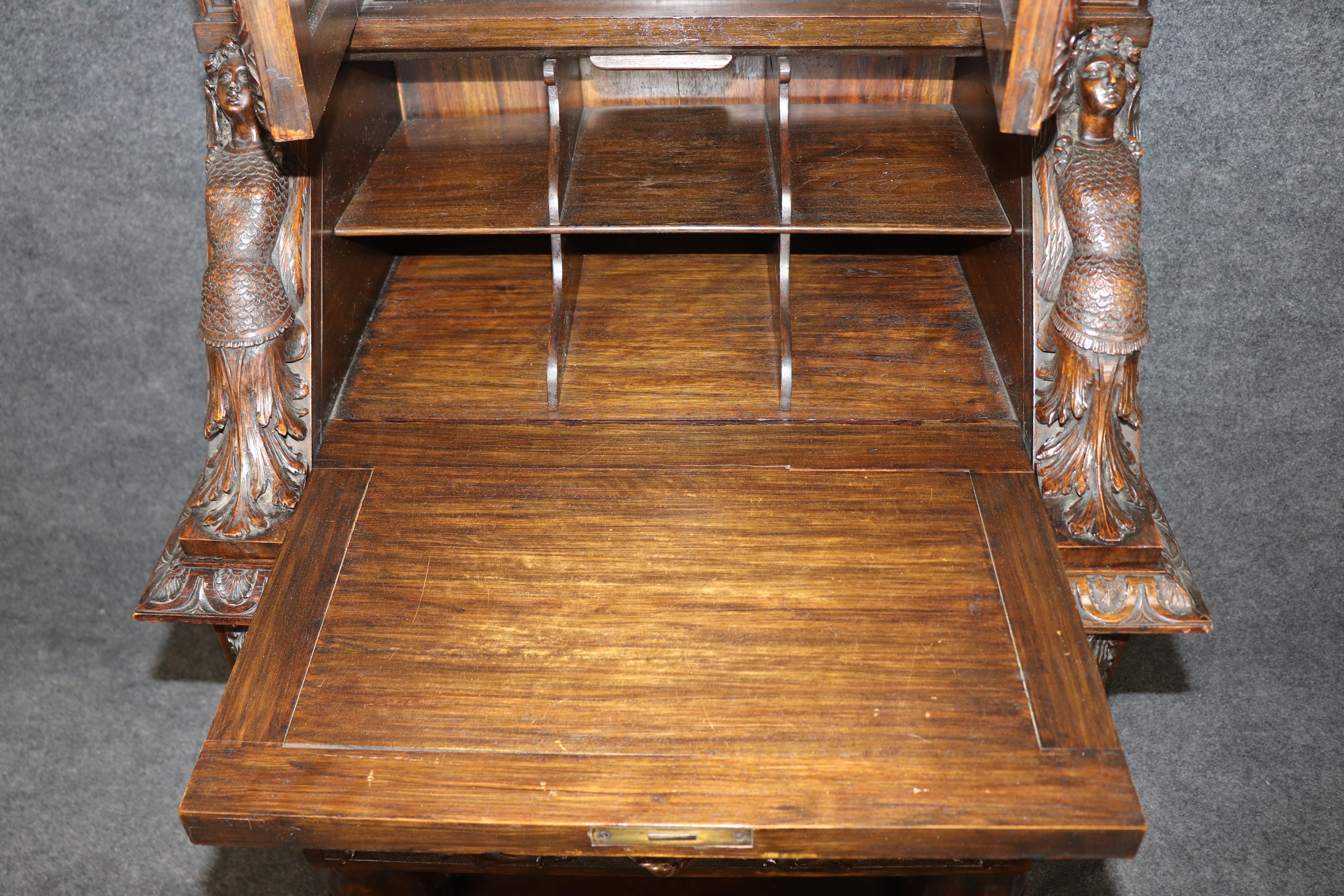 Incredible Carved Italian Luigi Frullini Narrow Figural Walnut Secretary Desk en vente 3