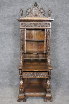 Incredible Carved Italian Luigi Frullini Narrow Figural Walnut Secretary Desk