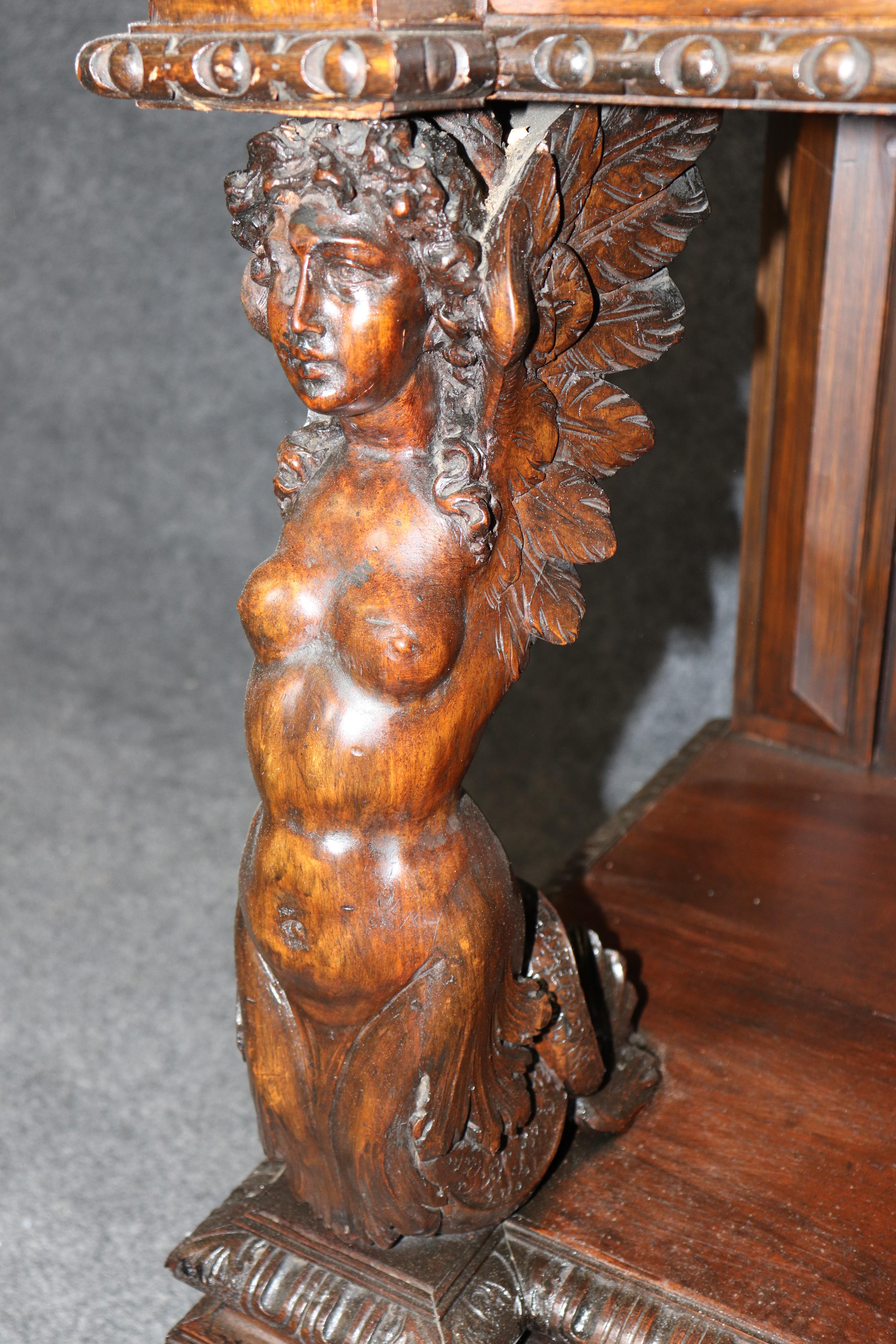 Renaissance Incredible Carved Italian Luigi Frullini Narrow Figural Walnut Secretary Desk en vente