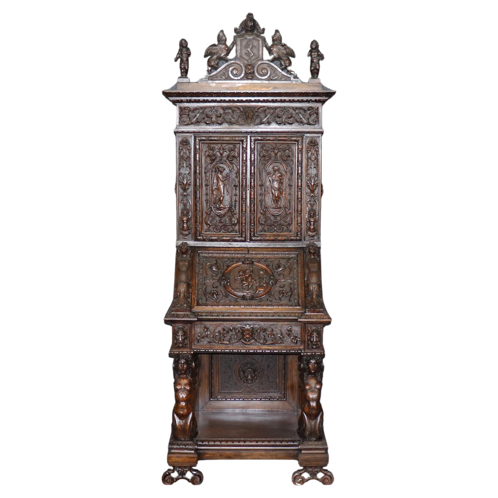 Incredible Carved Italian Luigi Frullini Narrow Figural Walnut Secretary Desk