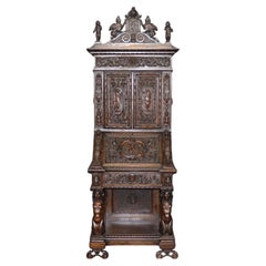 Incredible Carved Italian Luigi Frullini Narrow Figural Walnut Secretary Desk