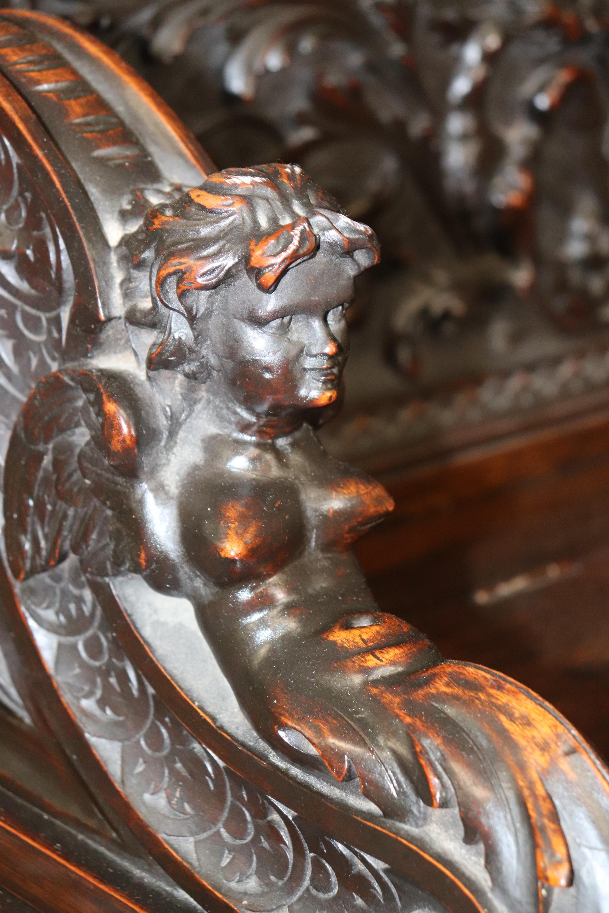 Italian Incredible Carved Walnut Figural Victorian Rj Horner Style Hall Bench circa 1870