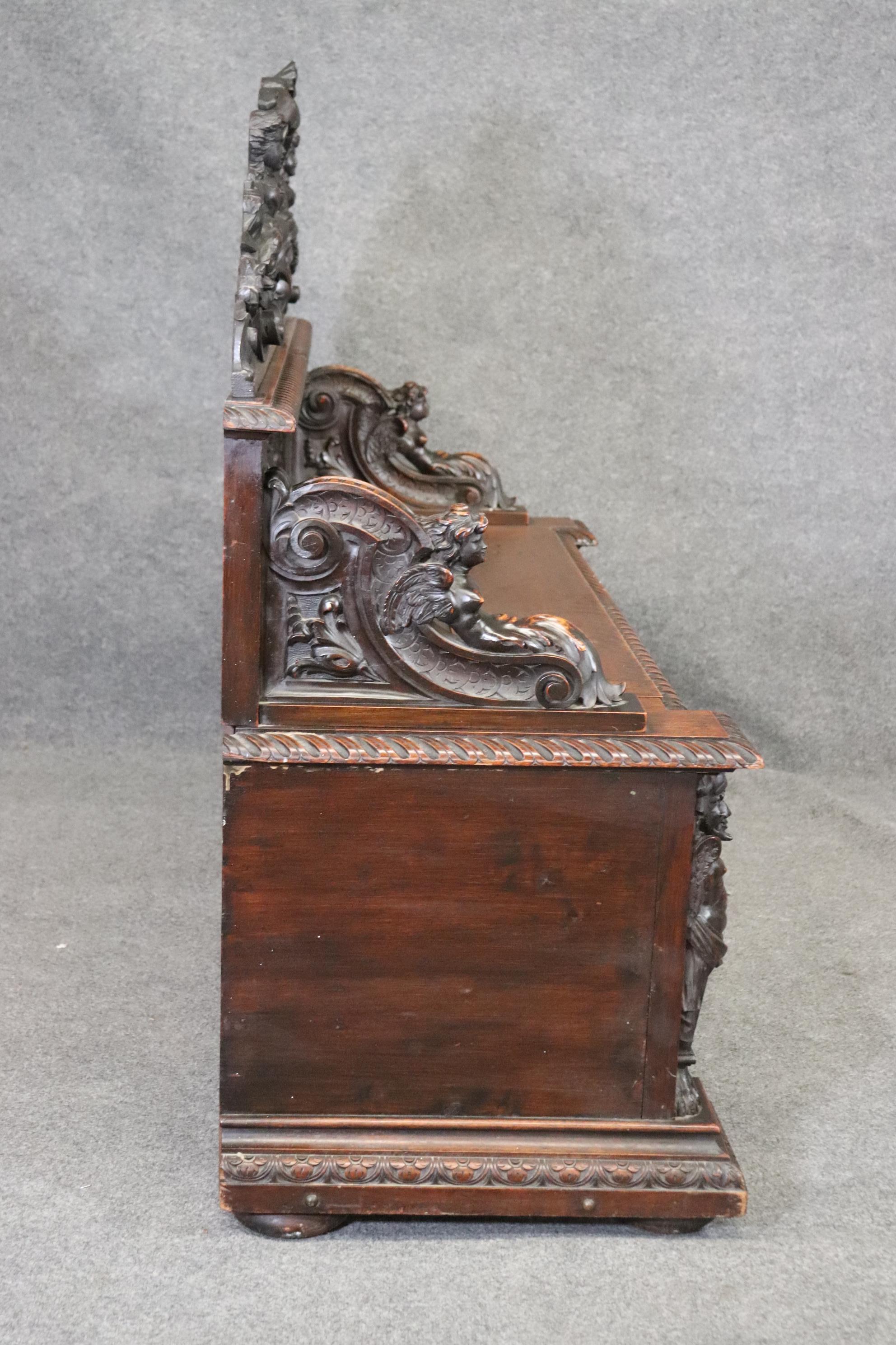 Incredible Carved Walnut Figural Victorian Rj Horner Style Hall Bench circa 1870 1