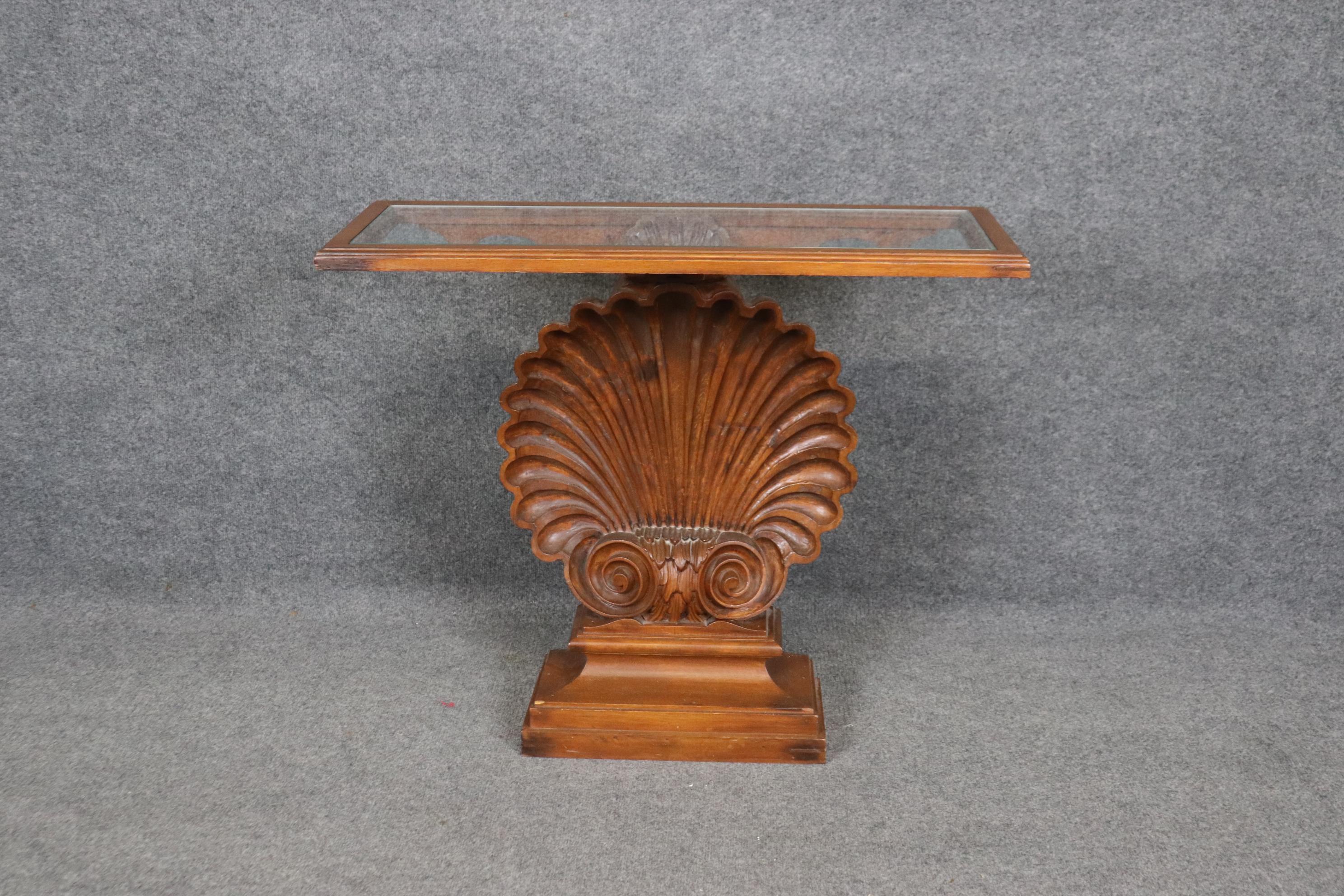 Hollywood Regency Incredible Carved Walnut Grotto Shell Style Glass Top Console Table