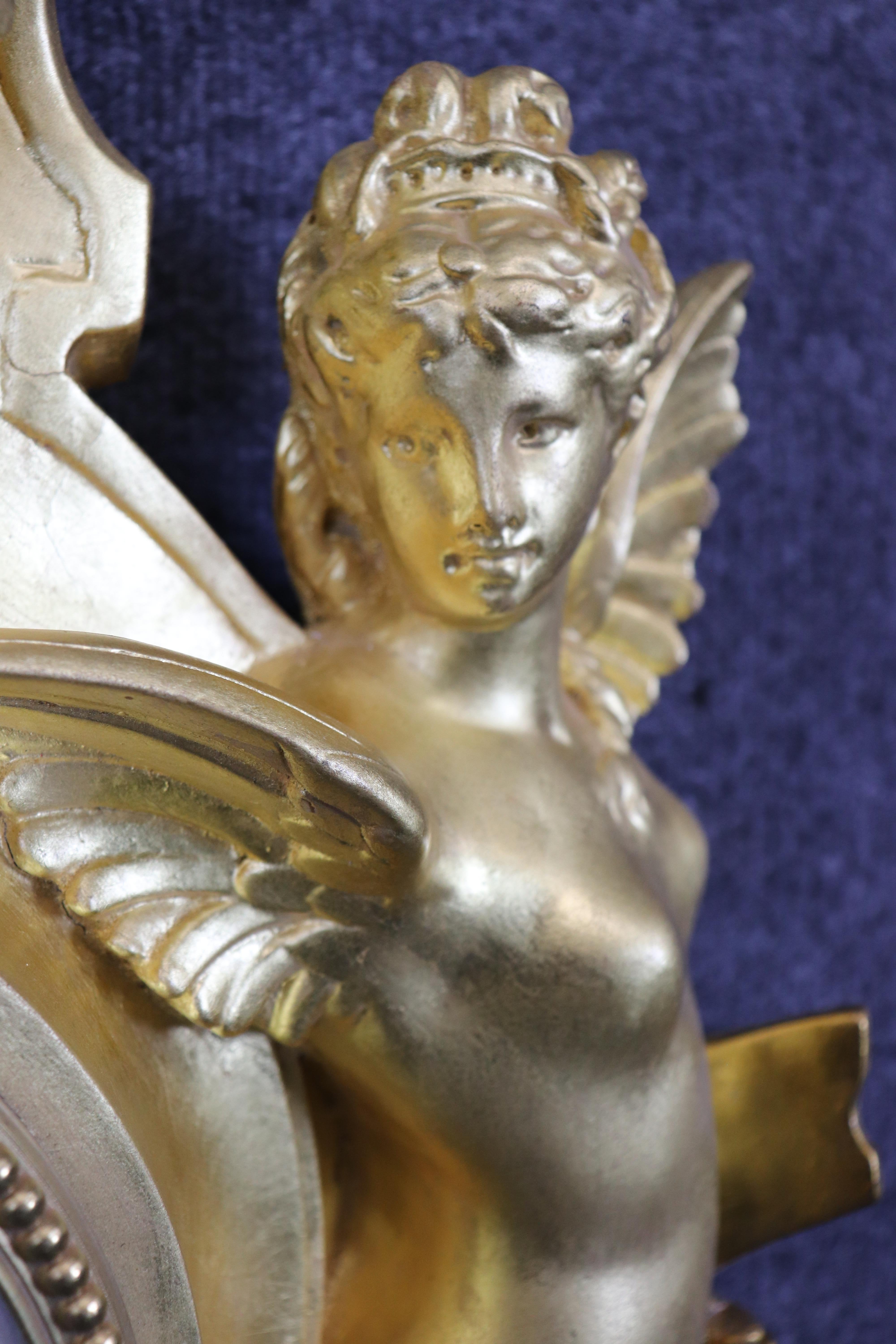 Incredible Carved Wood and Gesso Gilded Winged Angels and Rooster Cartel Clock For Sale 3