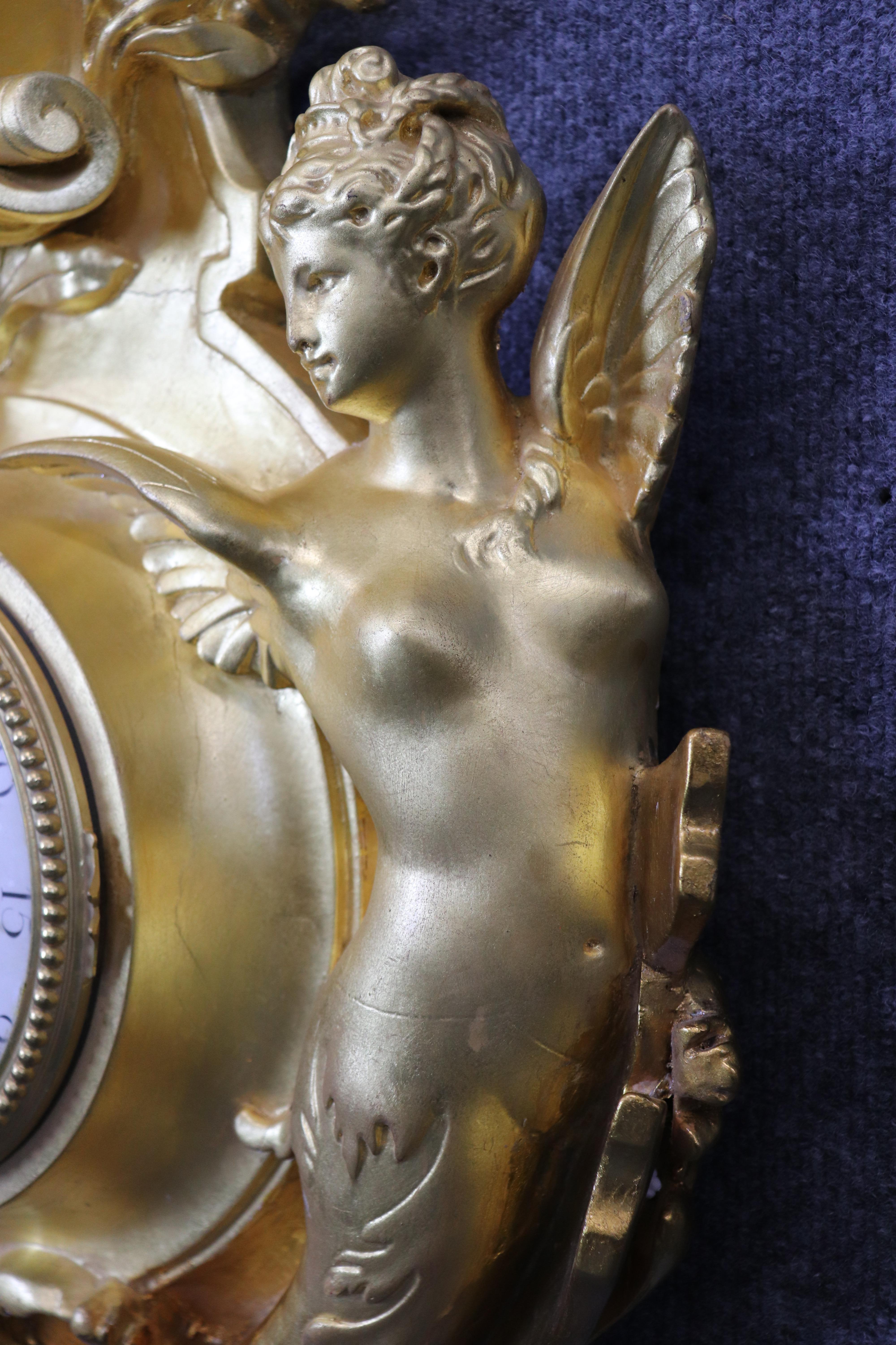 Incredible Carved Wood and Gesso Gilded Winged Angels and Rooster Cartel Clock For Sale 4