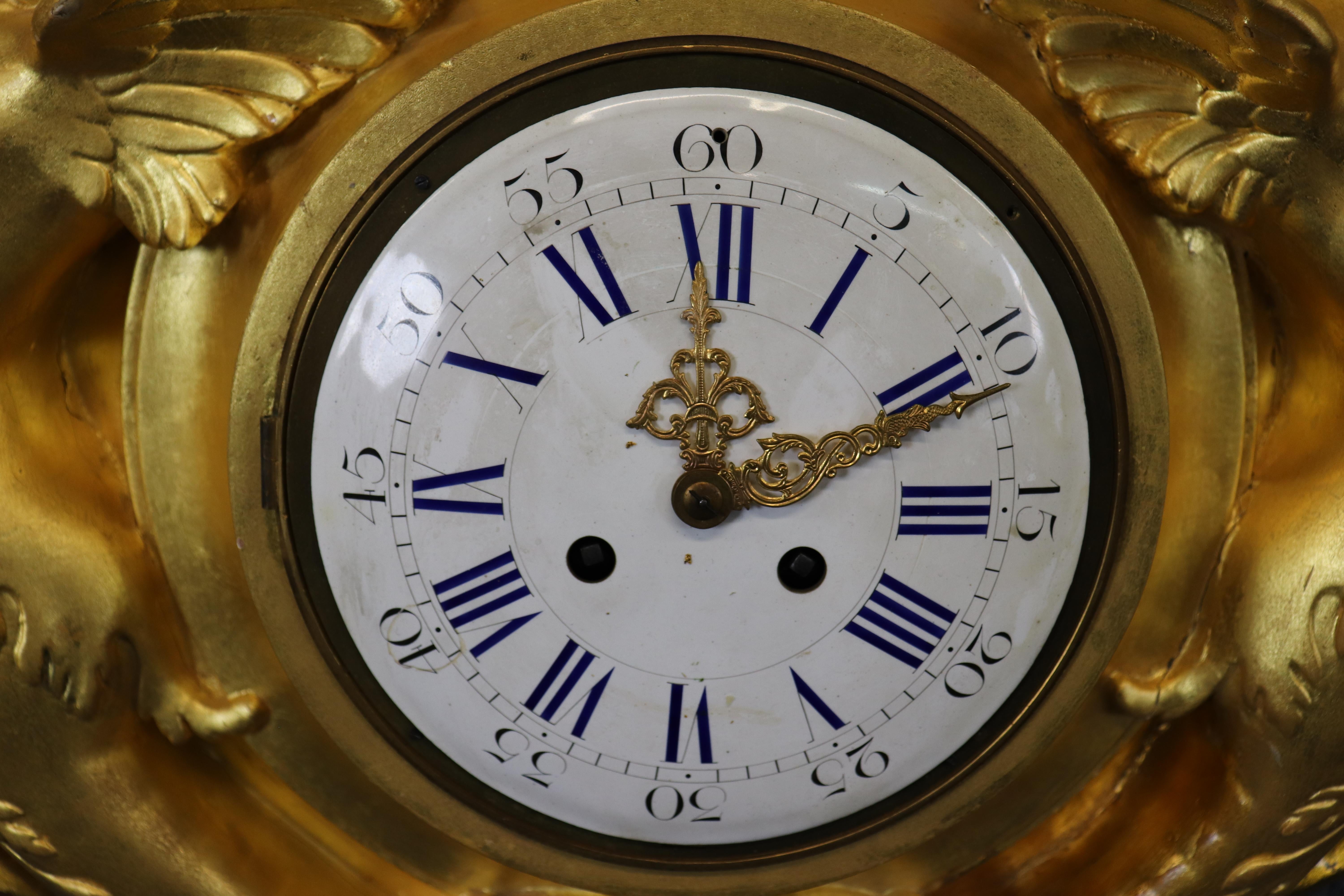 Incredible Carved Wood and Gesso Gilded Winged Angels and Rooster Cartel Clock For Sale 8