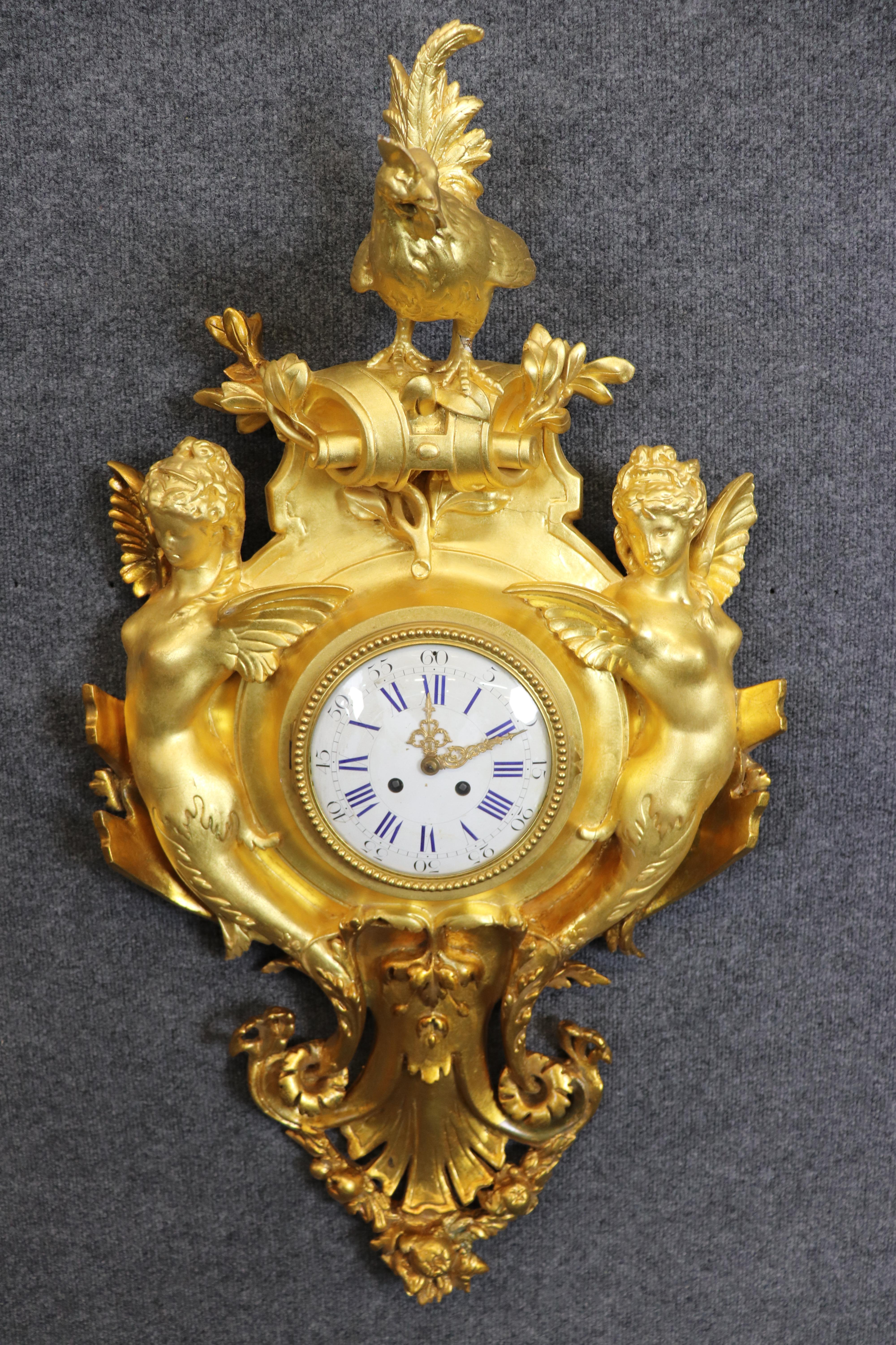 Belle Époque Incredible Carved Wood and Gesso Gilded Winged Angels and Rooster Cartel Clock For Sale