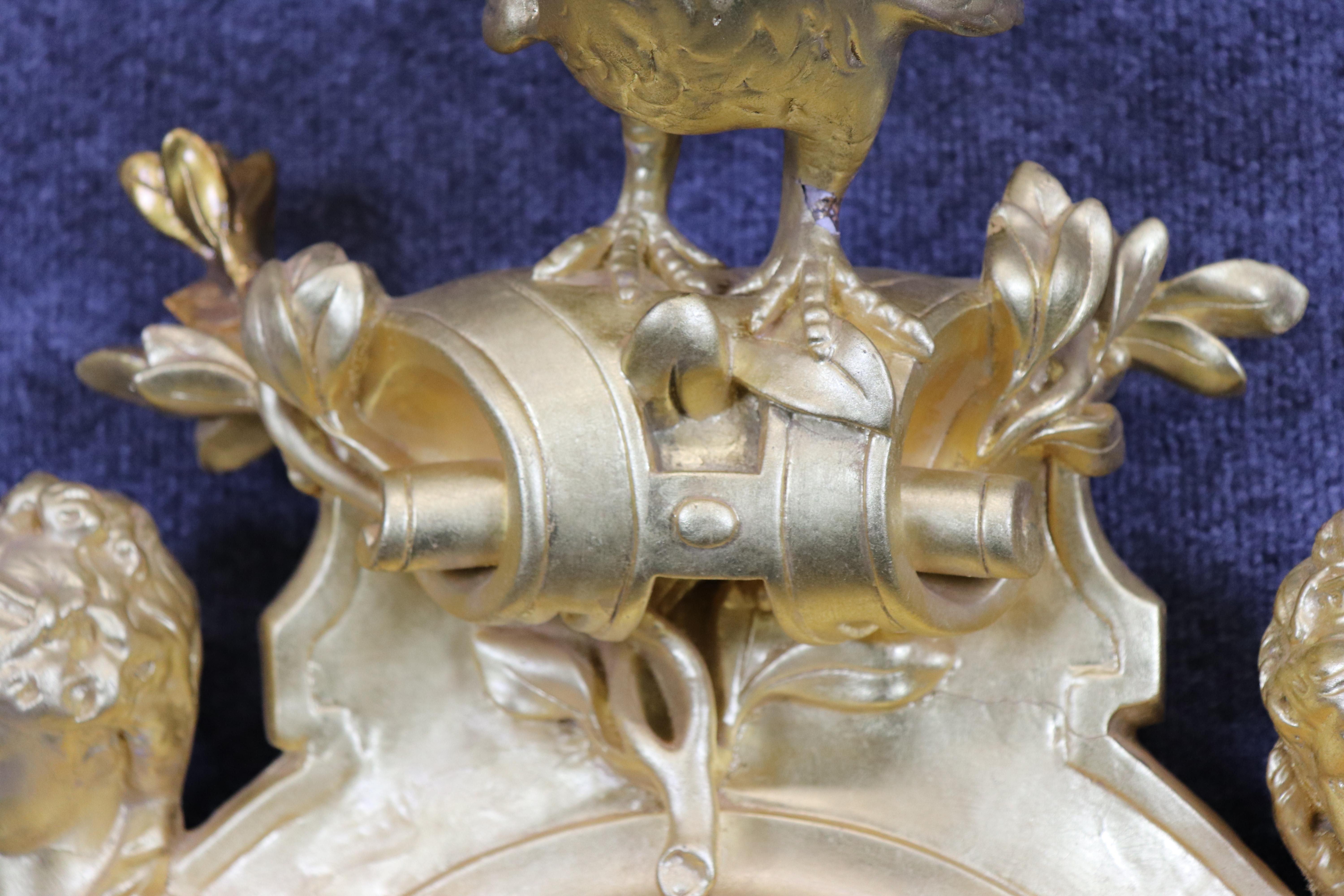 Porcelain Incredible Carved Wood and Gesso Gilded Winged Angels and Rooster Cartel Clock For Sale