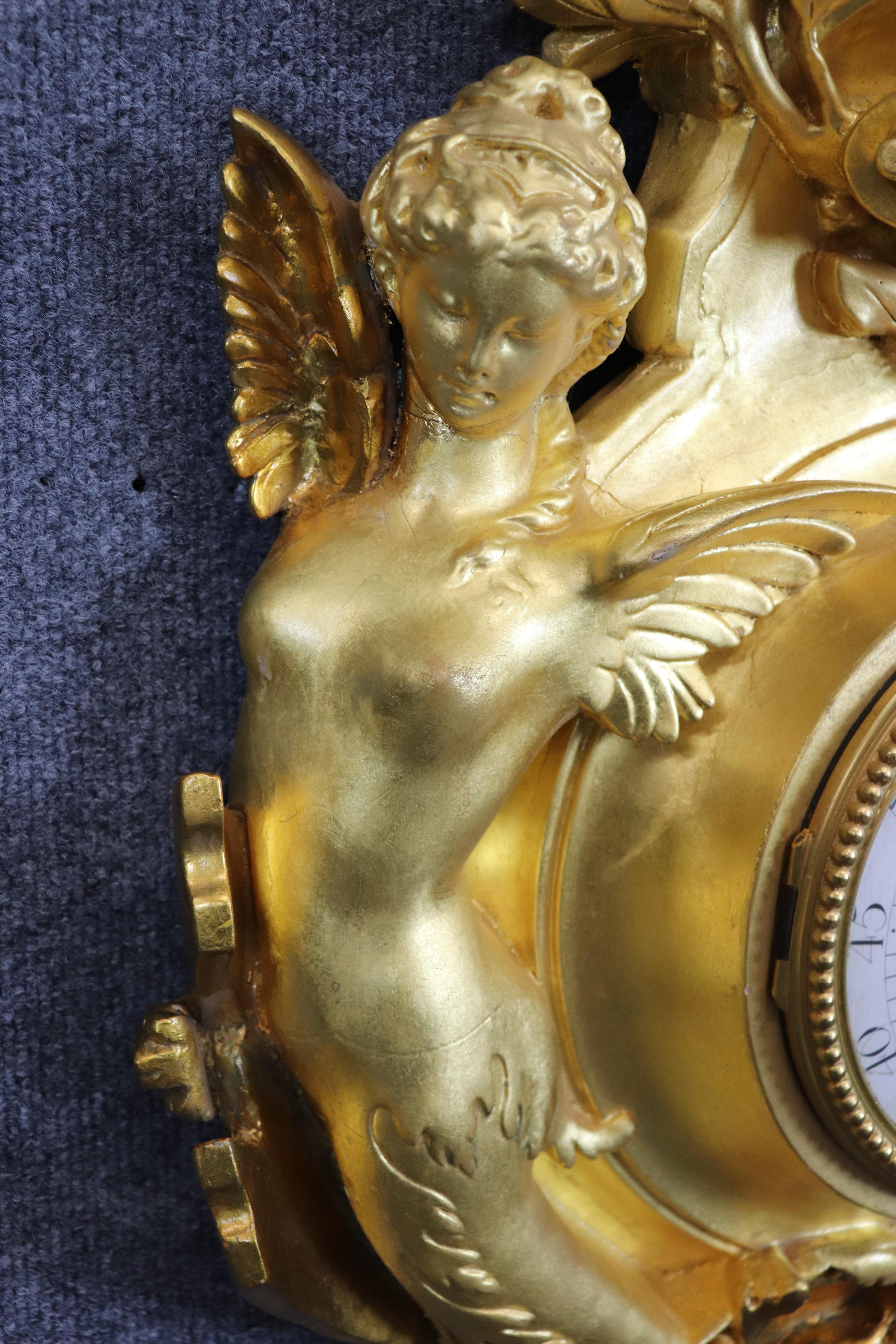 Incredible Carved Wood and Gesso Gilded Winged Angels and Rooster Cartel Clock For Sale 1