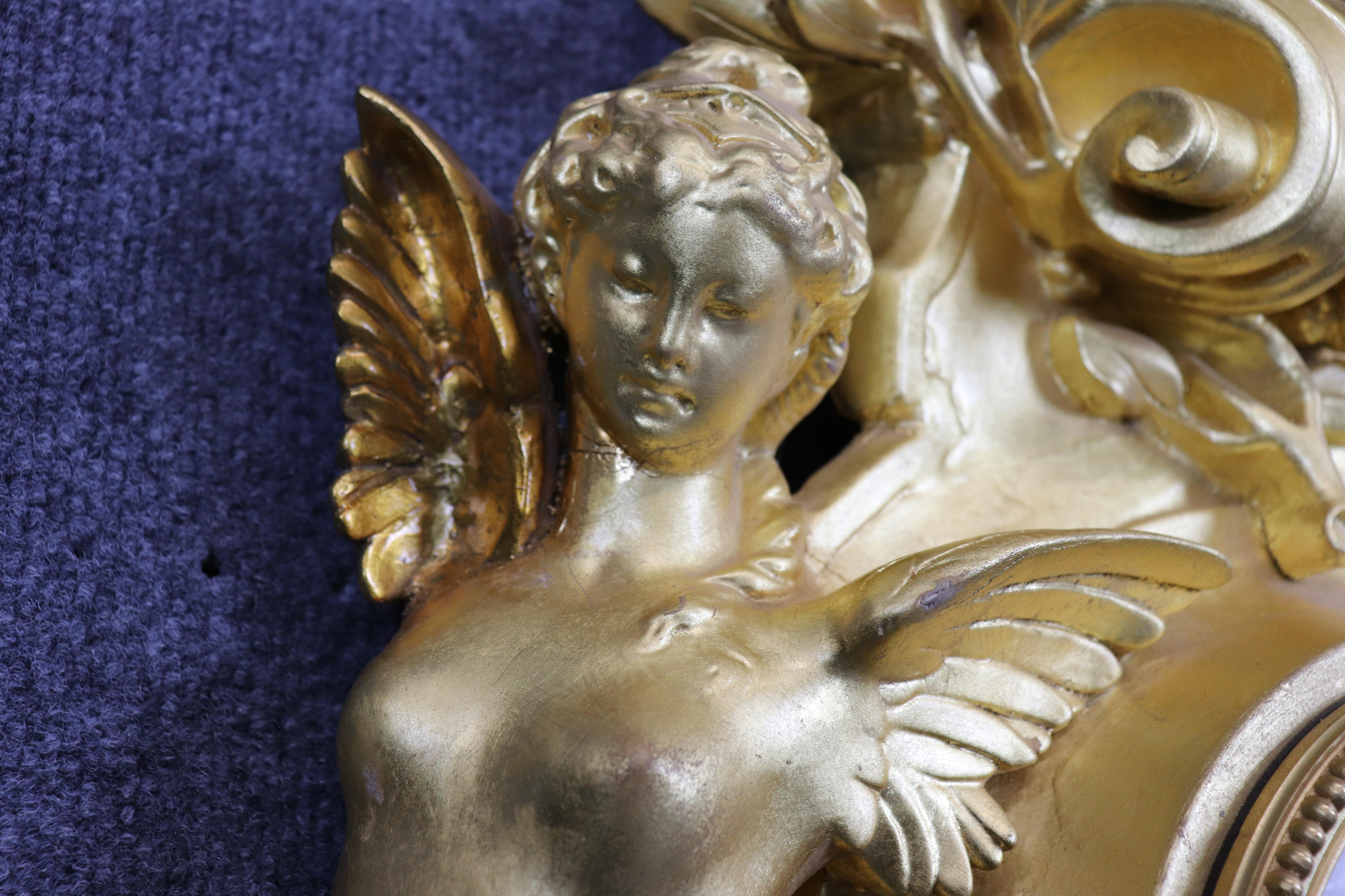 Incredible Carved Wood and Gesso Gilded Winged Angels and Rooster Cartel Clock For Sale 2