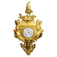 Incredible Carved Wood and Gesso Gilded Winged Angels and Rooster Cartel Clock
