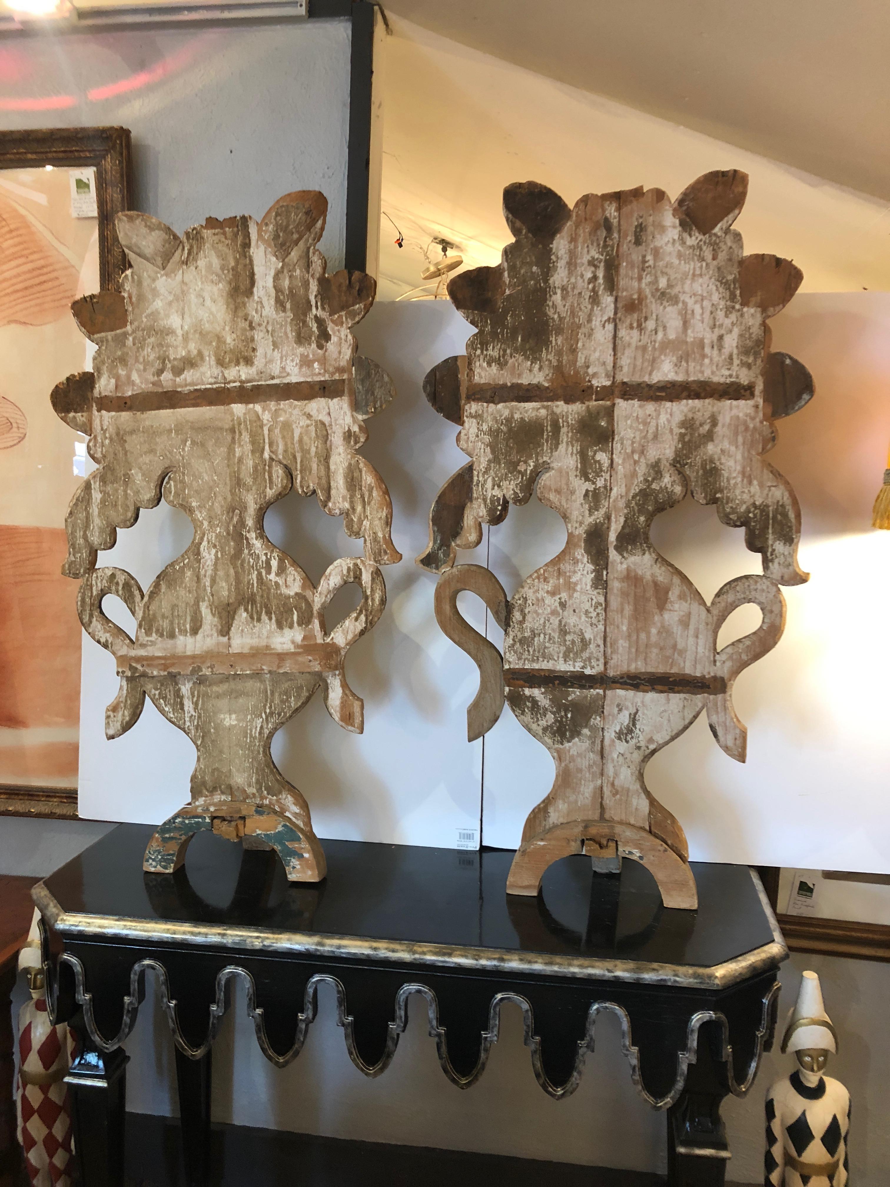 Incredible Chippy Pair of Carved Painted Gilded Fireplace Screens Sculptures 2