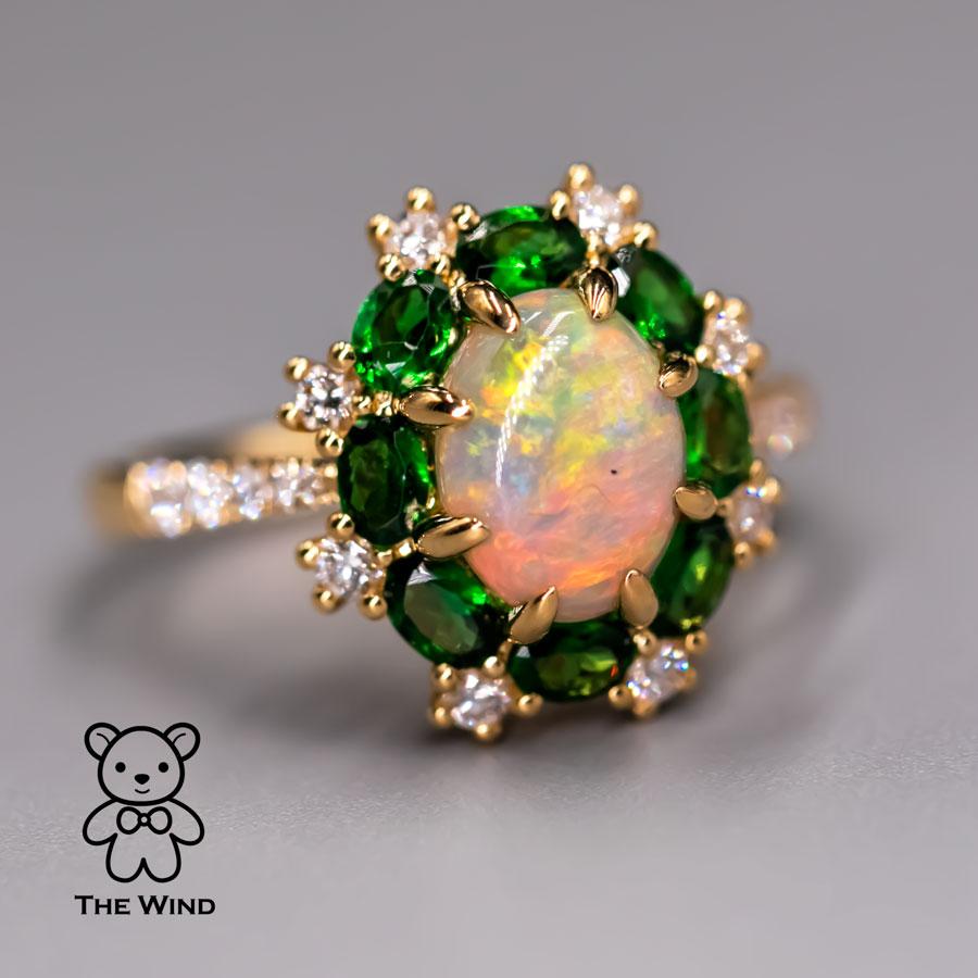 Arts and Crafts Incredible Color Australian Semi-Black Opal Tsavorite Diamond Engagement Ring