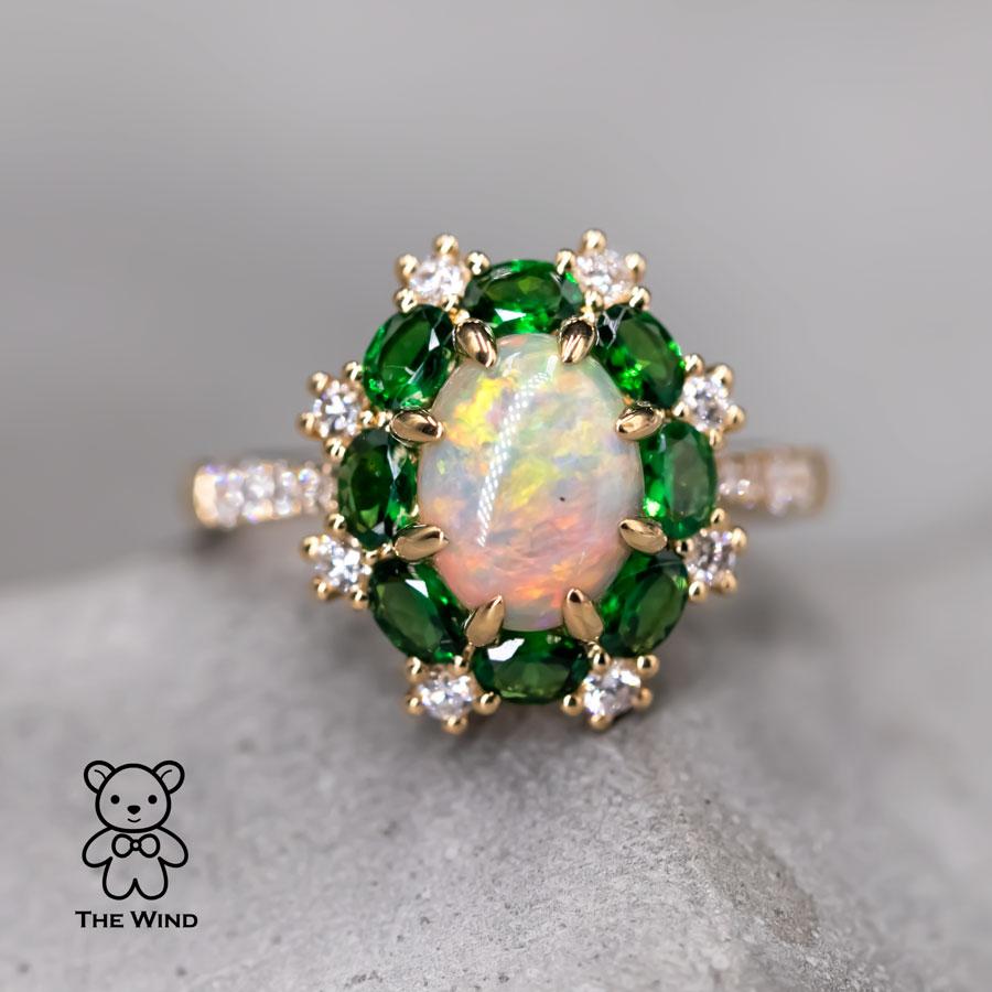 Incredible Color Australian Semi-Black Opal Tsavorite Diamond Engagement Ring In New Condition In Suwanee, GA