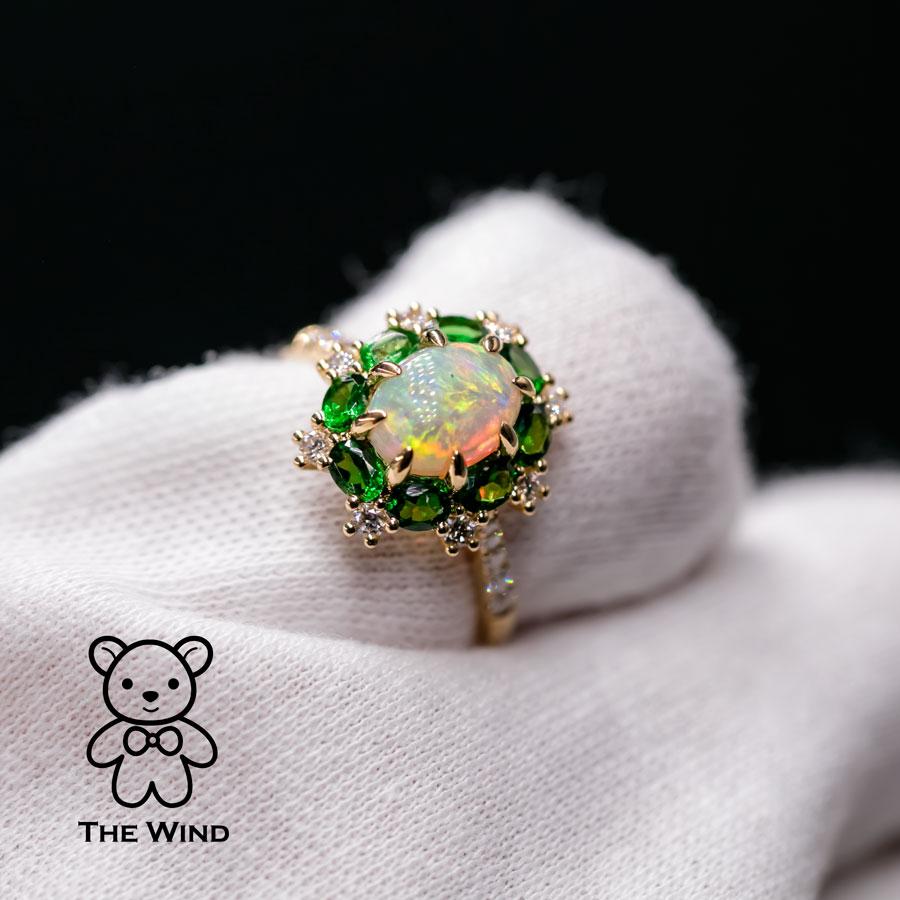 Women's Incredible Color Australian Semi-Black Opal Tsavorite Diamond Engagement Ring