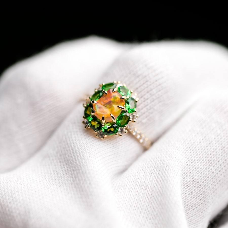 Unglaublicher mexikanischer Feueropal- Tsavorit-Diamant-Verlobungsring 18K 1