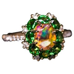 Unglaublicher mexikanischer Feueropal- Tsavorit-Diamant-Verlobungsring 18K