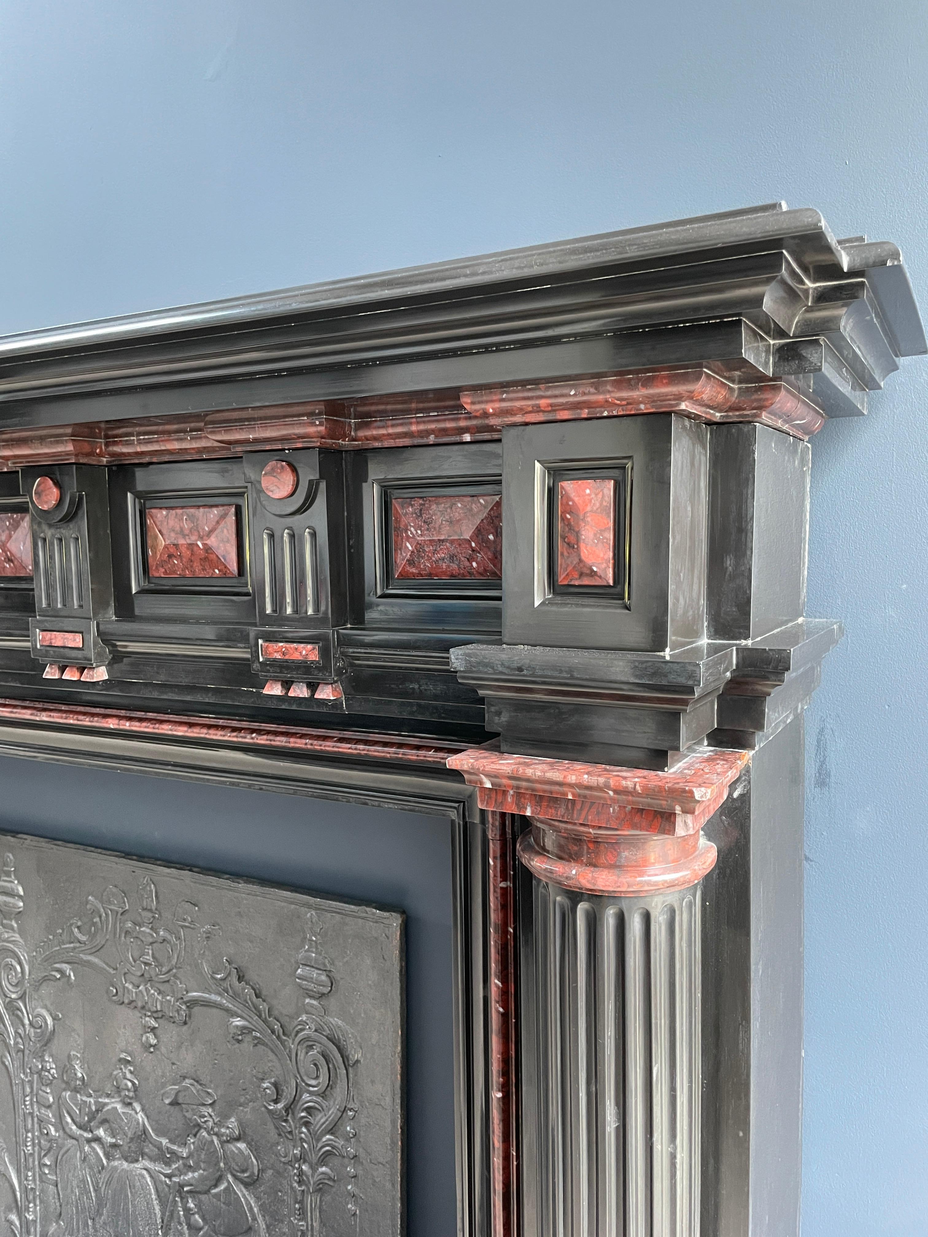 Incredible Detailed Black and Rouge Marble Antique Fireplace Surround For Sale 2