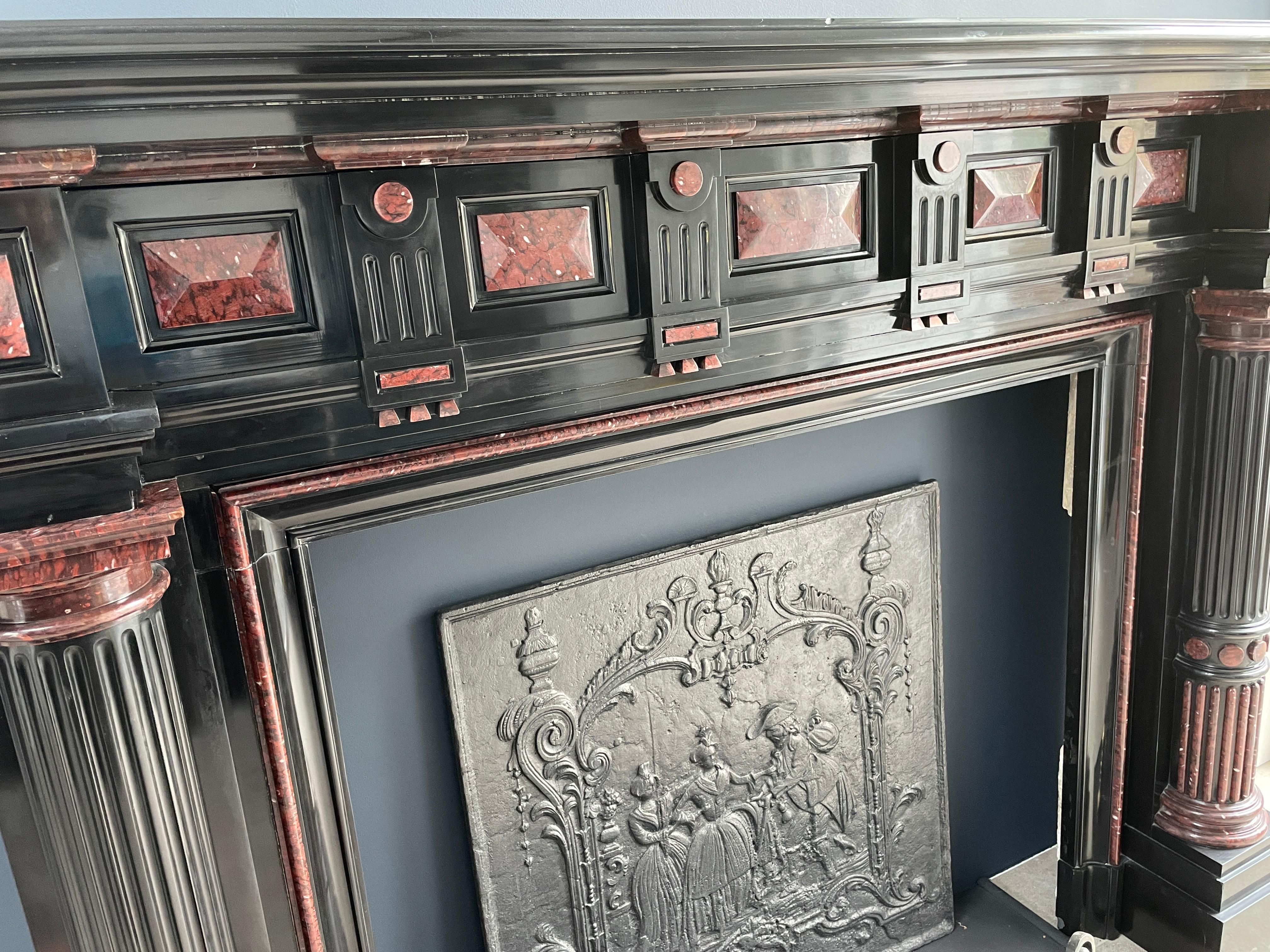 Incredible Detailed Black and Rouge Marble Antique Fireplace Surround For Sale 7