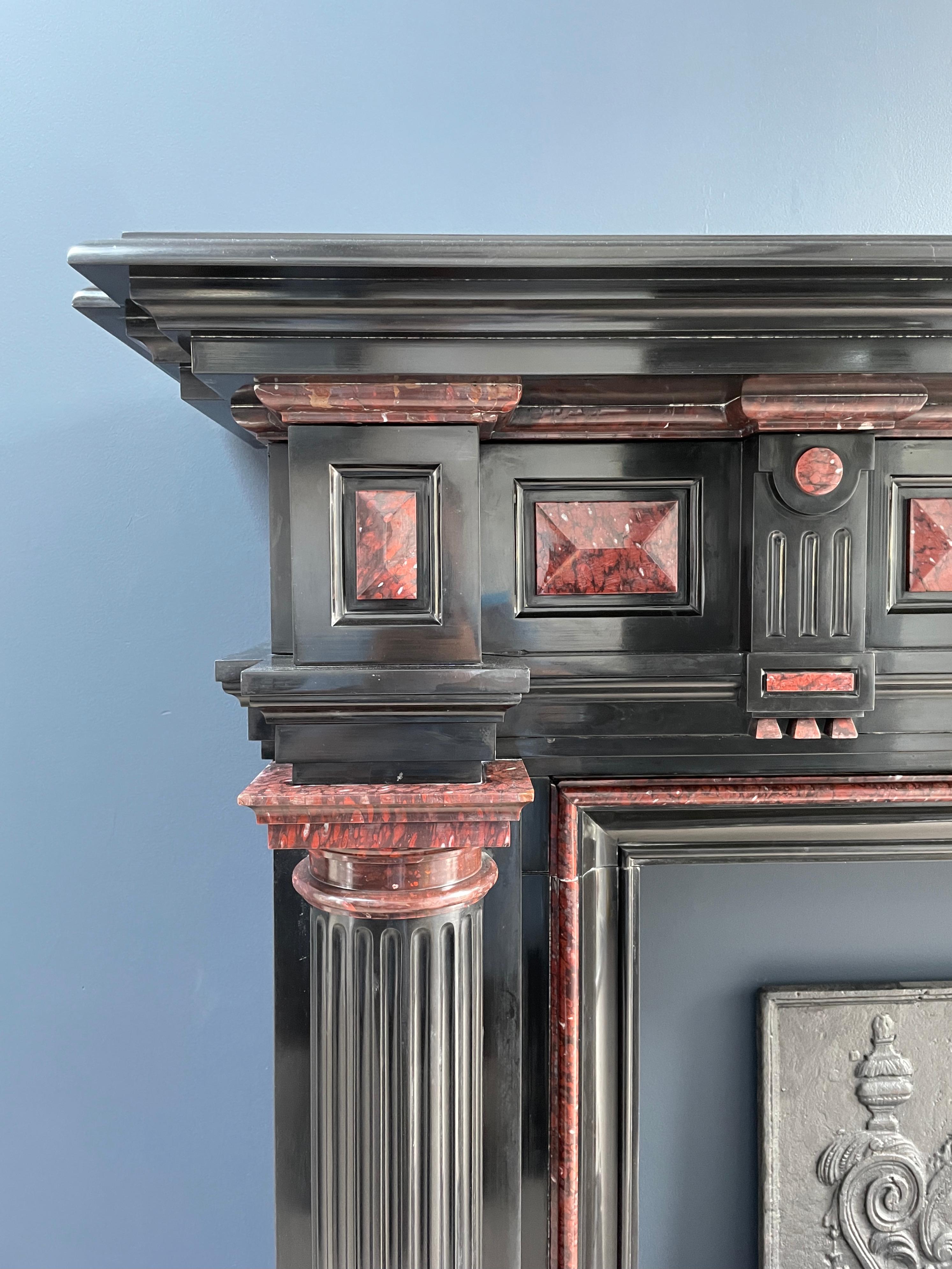 Belgian Incredible Detailed Black and Rouge Marble Antique Fireplace Surround For Sale