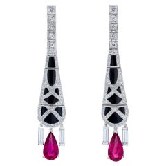 Incredible Diamond Onyx Rubellite 18k Gold Geometric Chandelier Earrings