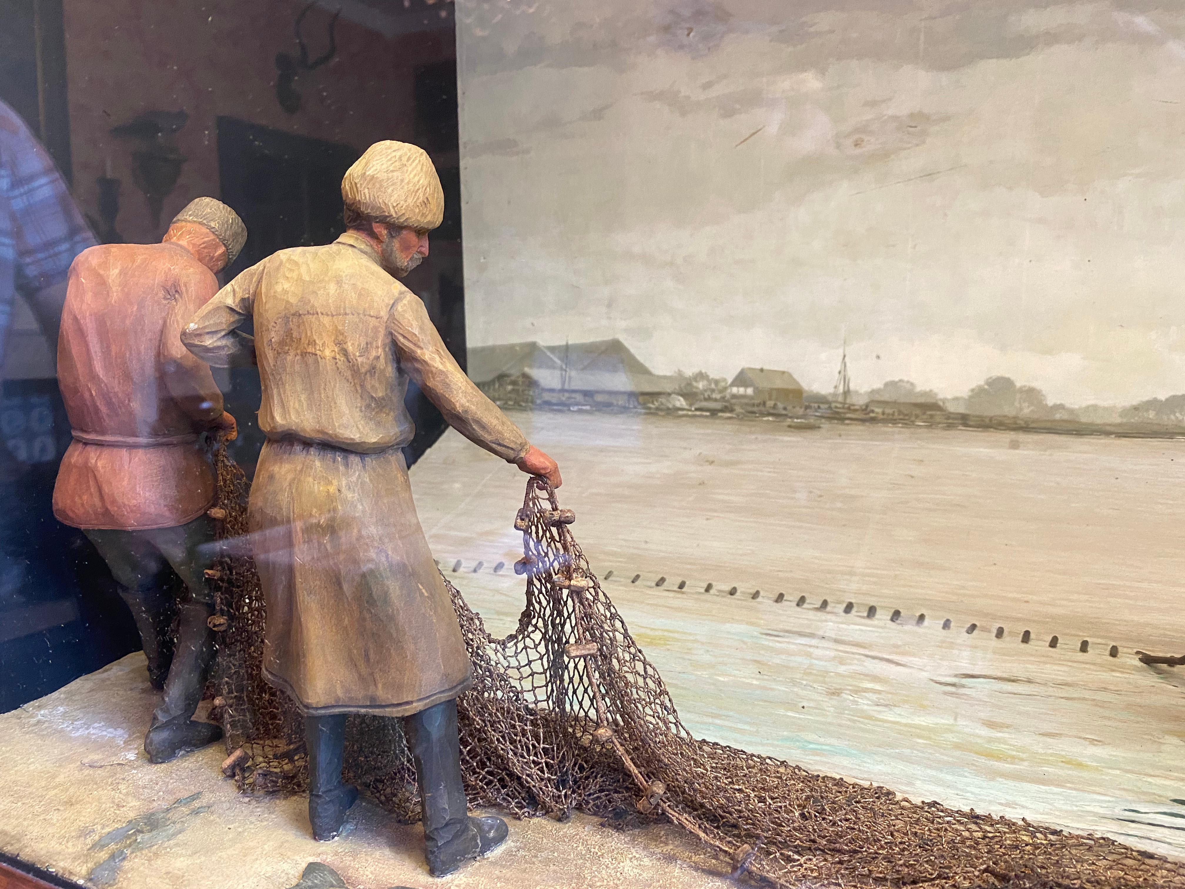 Victorian Incredible Diaroma of Caviar Fisherman, from the Romanoff Caviar Company NY