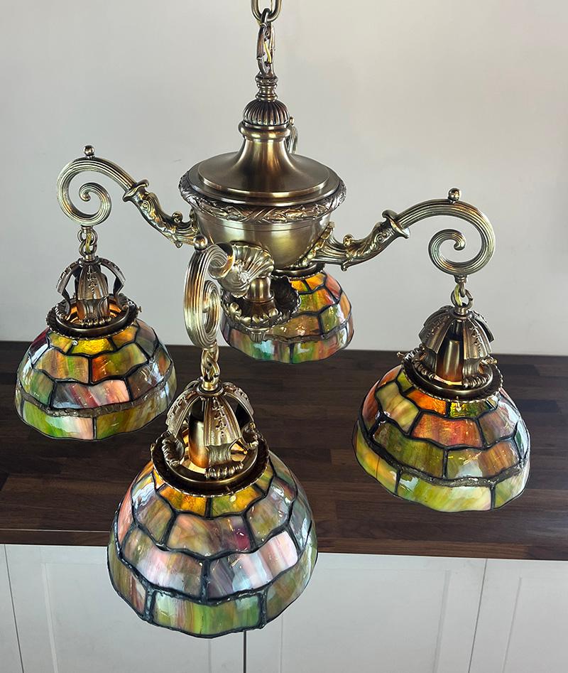 American Incredible Early 1900s Beaux Arts Four Light Cast Bronze Chandelier  For Sale