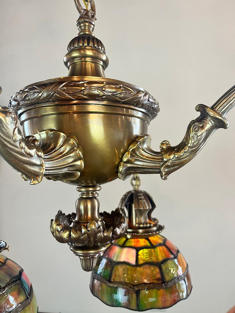 Early 20th Century Incredible Early 1900s Beaux Arts Four Light Cast Bronze Chandelier  For Sale