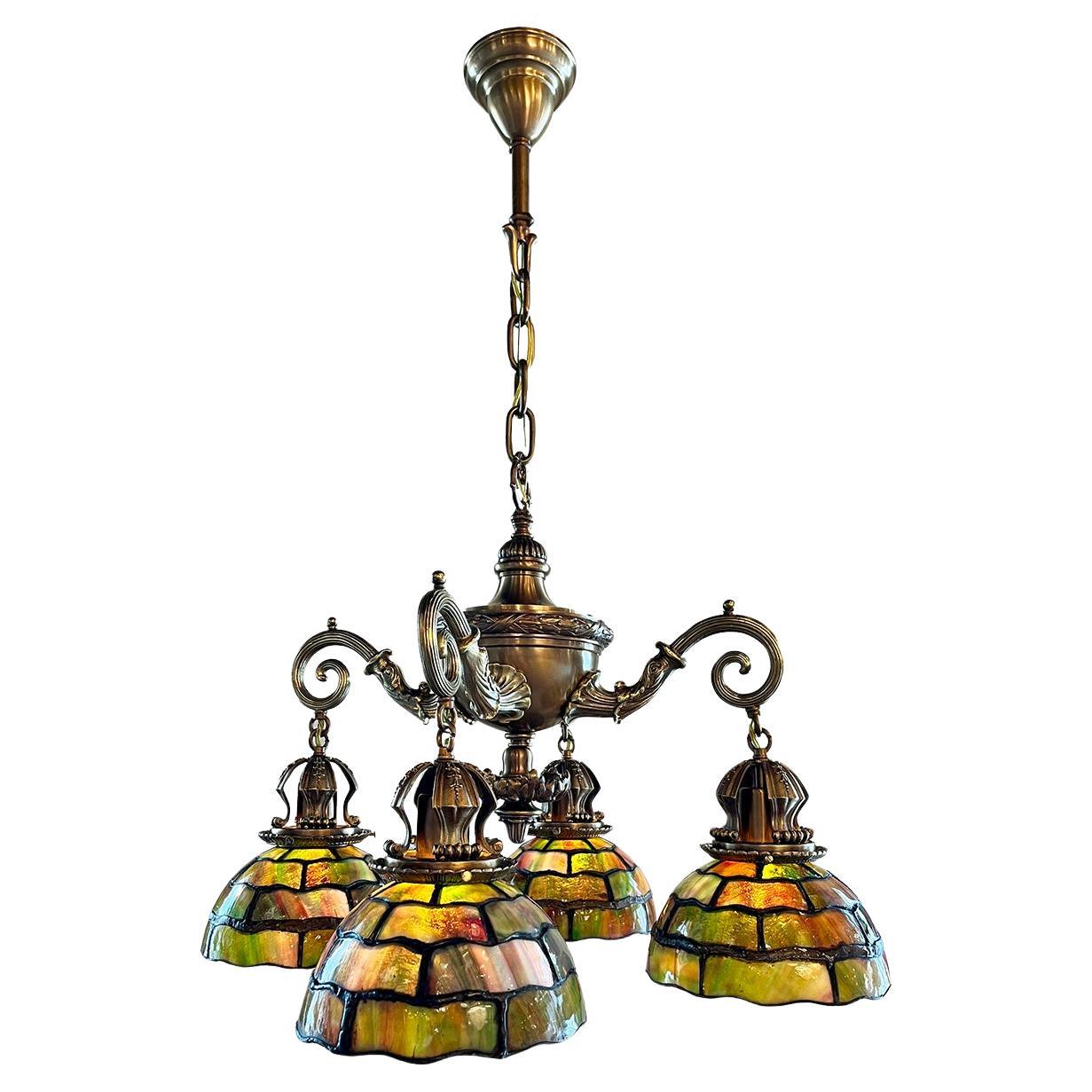 Incredible Early 1900s Beaux Arts Four Light Cast Bronze Chandelier  For Sale
