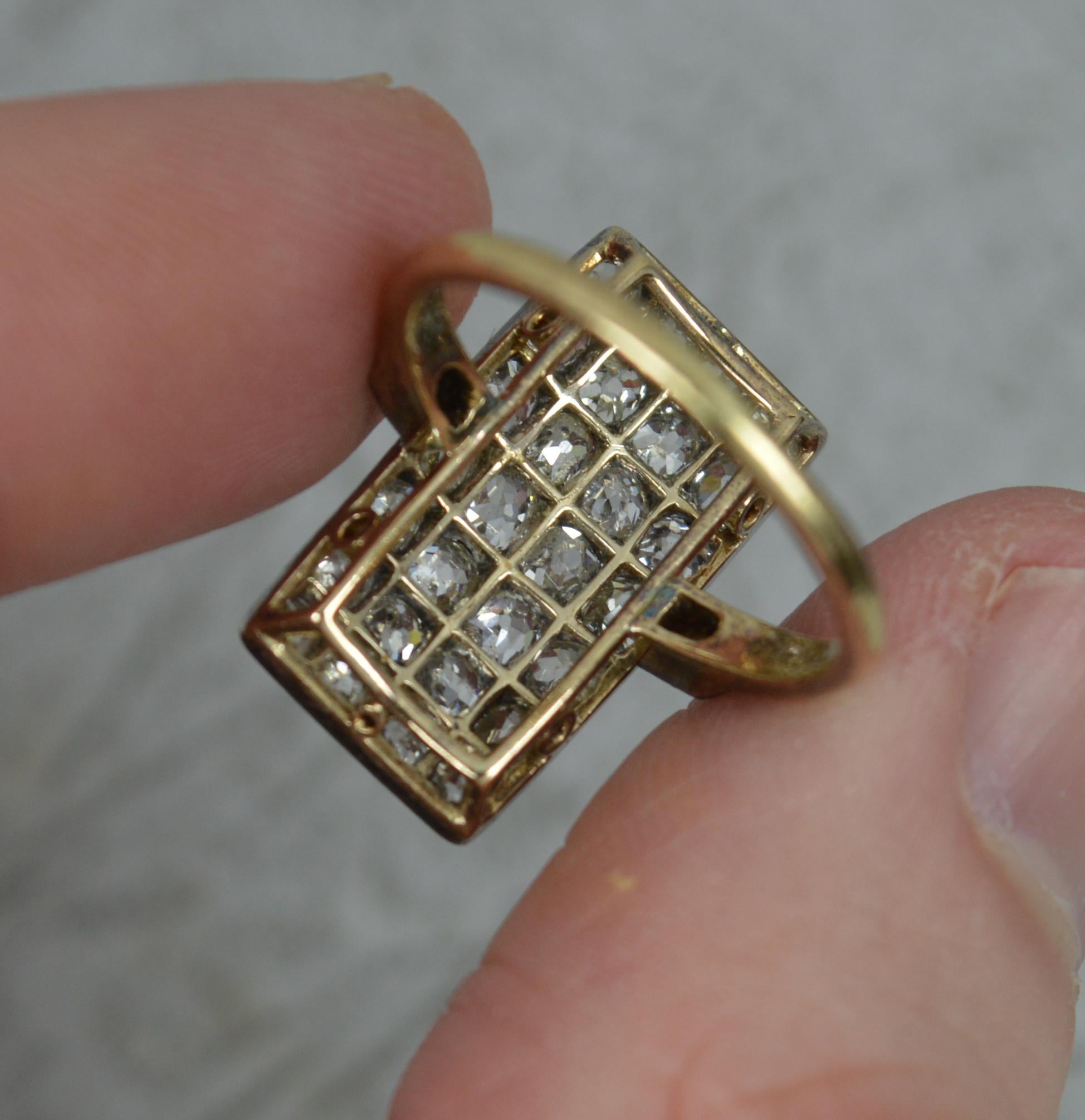 Women's Incredible Edwardian 18 Carat Gold and Old Mine Cut Diamond Panel Cluster Ring For Sale