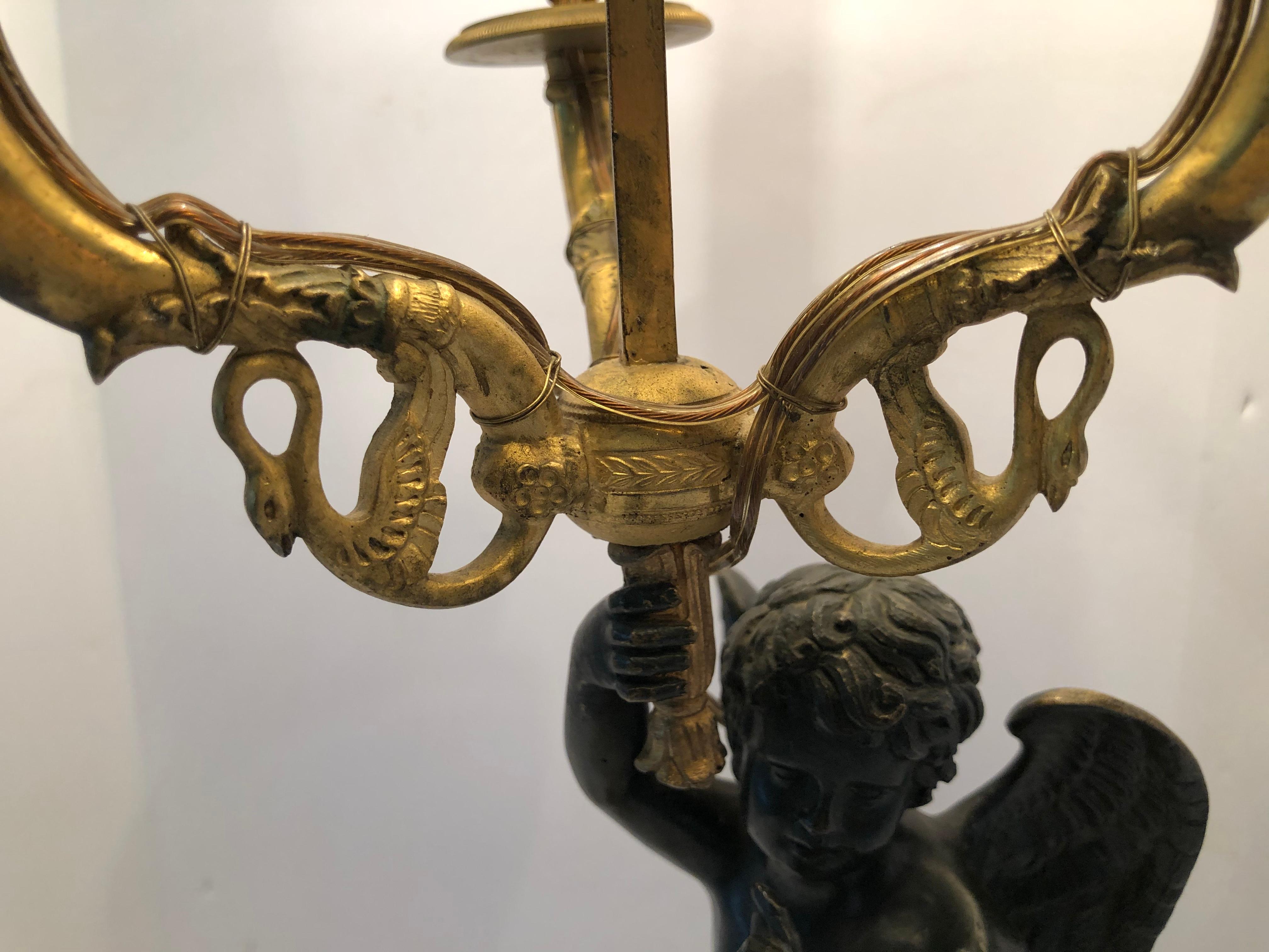 Early 20th Century Incredible Empire Gilt Bronze Bouillotte Table Lamp with Angel and Swans