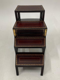 Incredible English Regency Leather Wrapped Folding Library Steps & Chair