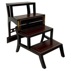 Incredible English Regency Leather Wrapped Folding Library Steps & Chair